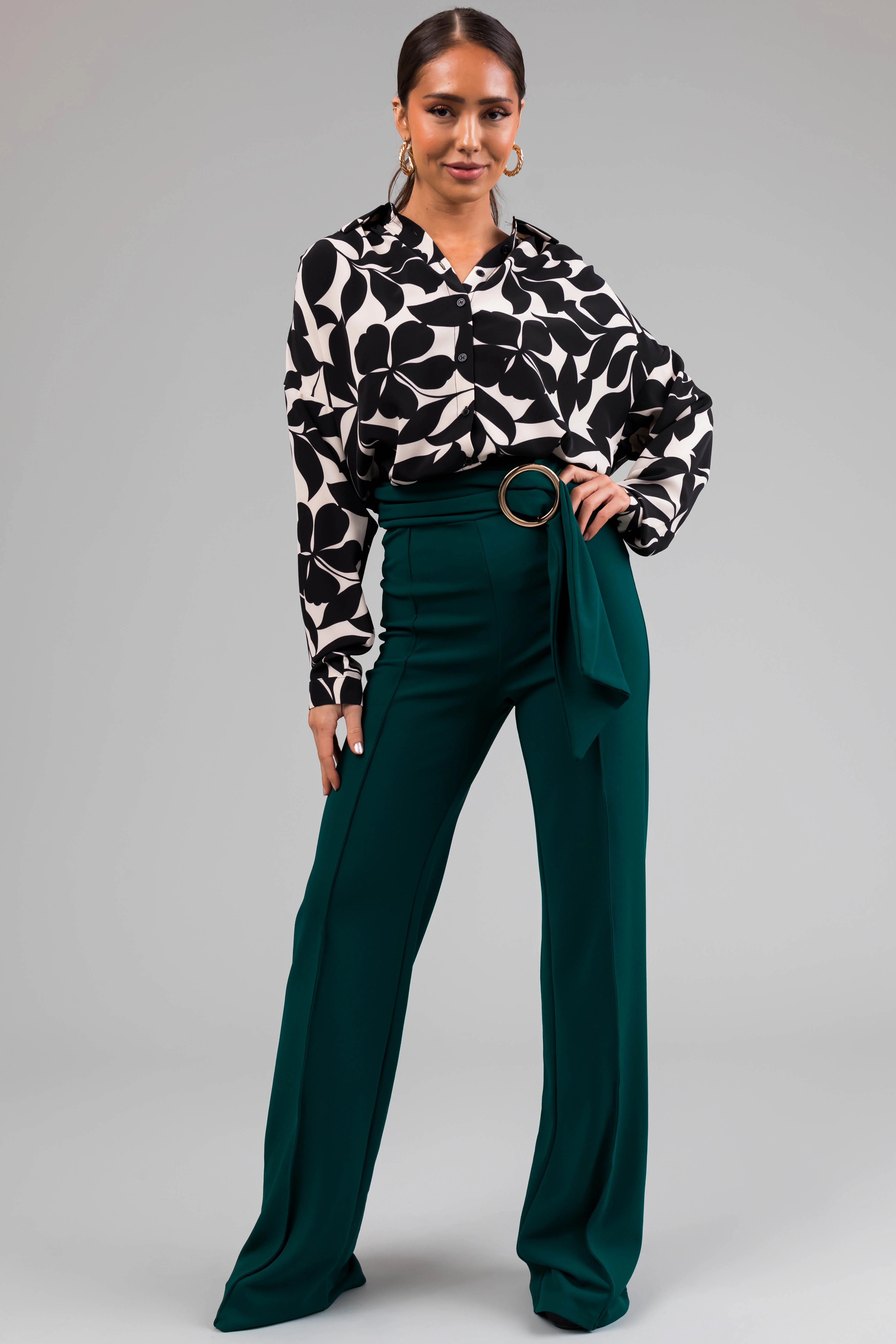 Pine Ring Belt Waist Wide Leg Pants - LD SALE