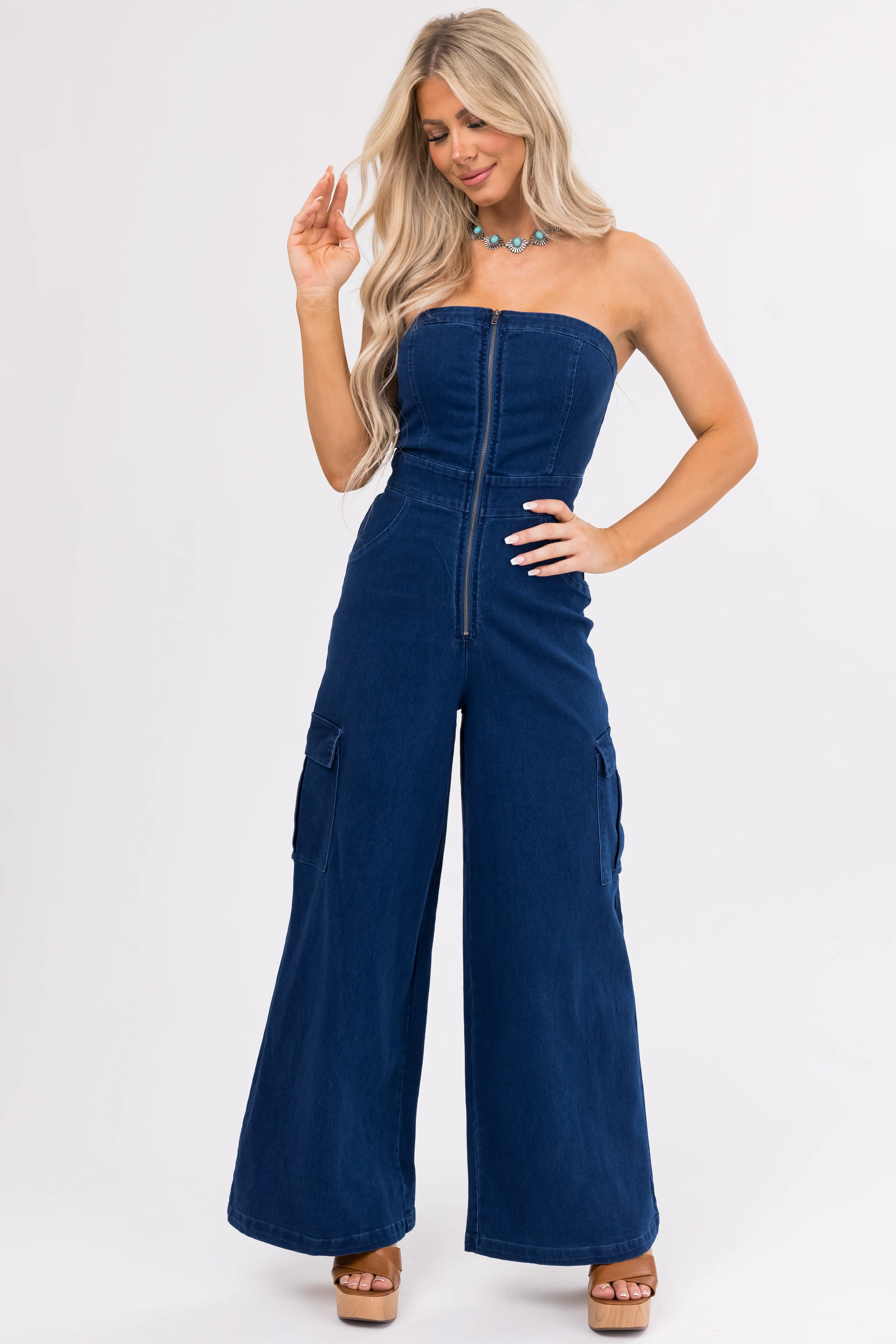 Flying Tomato Dark Denim Strapless Cargo Jumpsuit - LD SALE