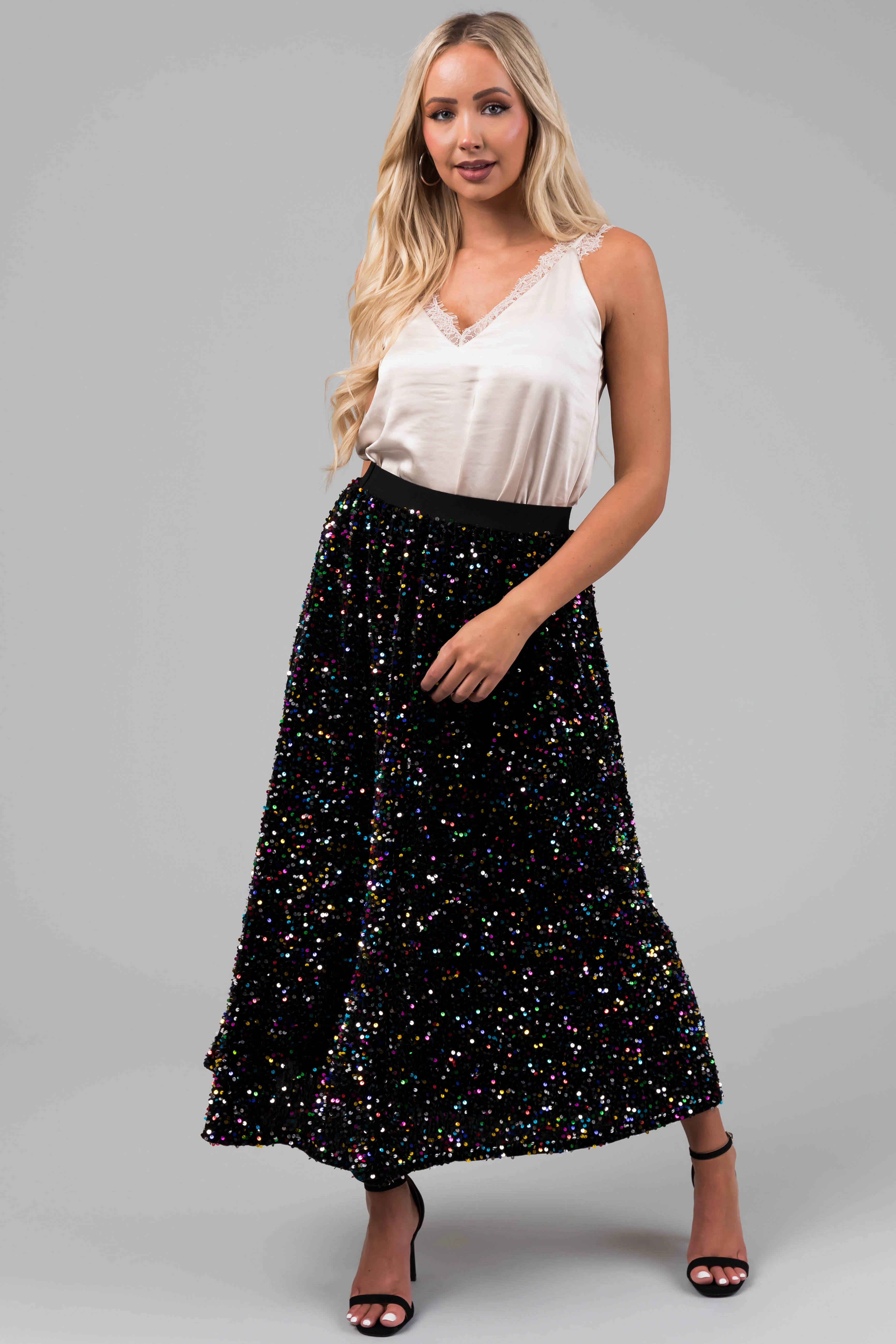 Black Colorful Sequin Velvet Midi Skirt - LD SALE