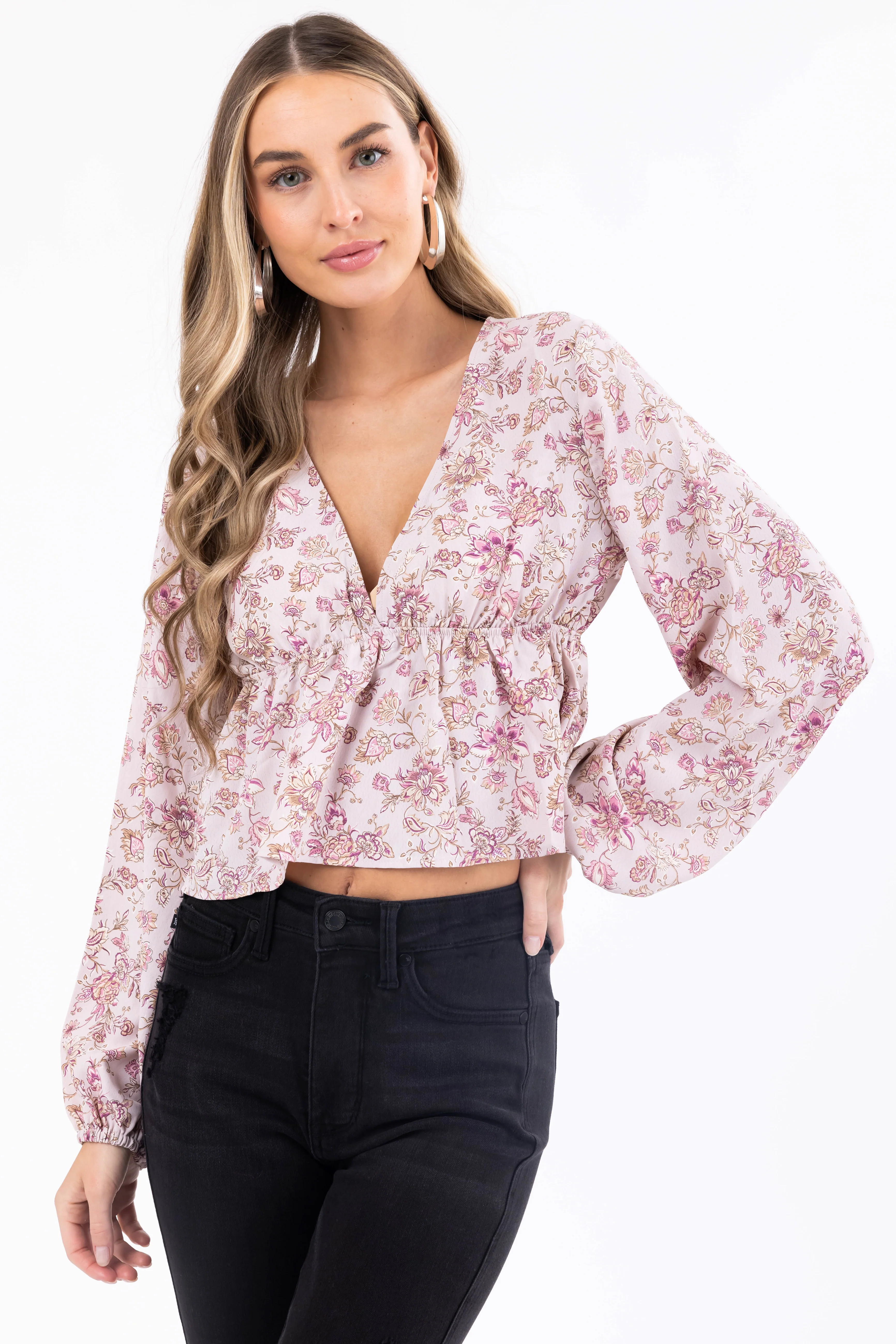 Dusty Blush Floral Print V Neck Long Sleeve Top - LD SALE