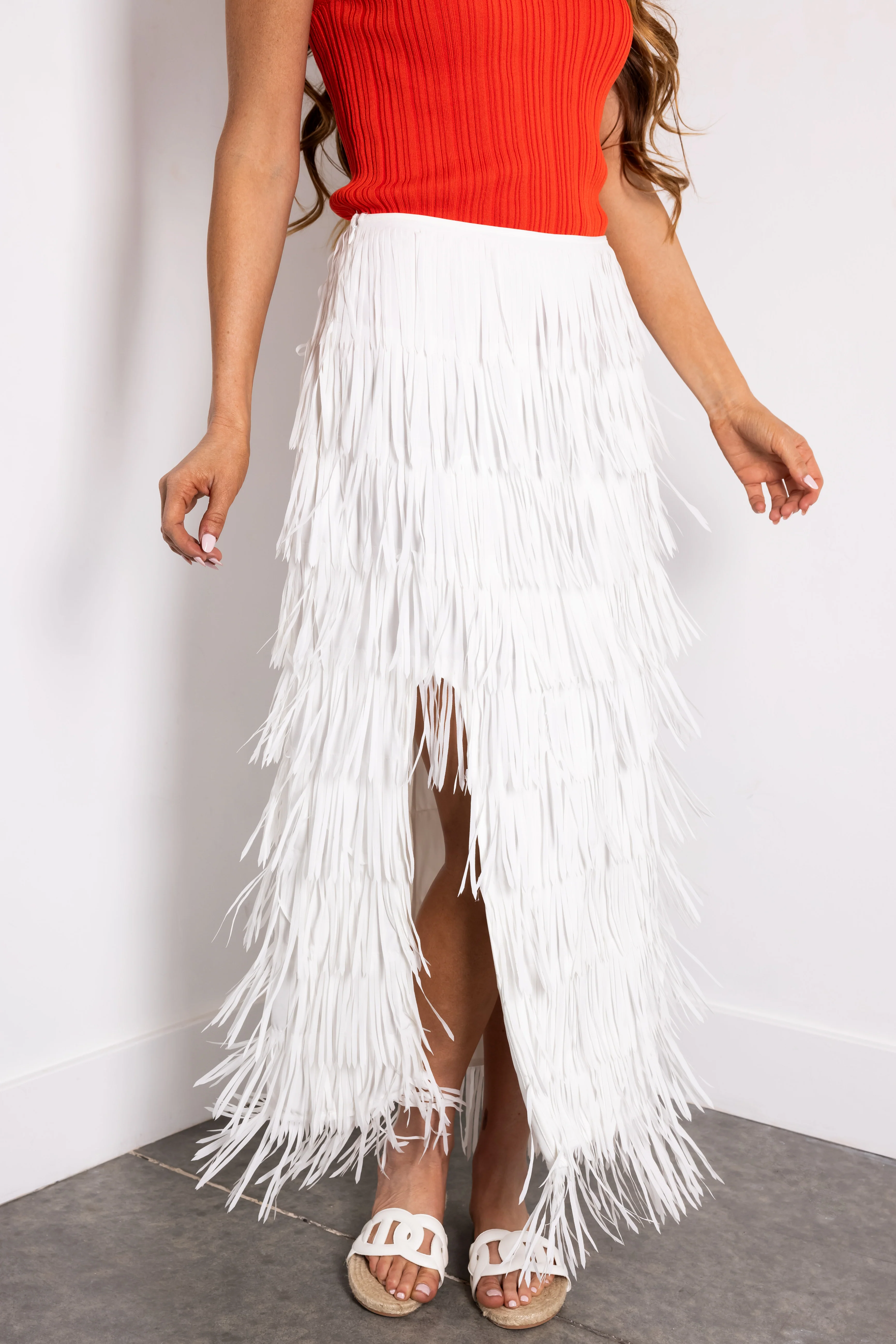 Off White Side Slit Fringe Midi Skirt - LD SALE
