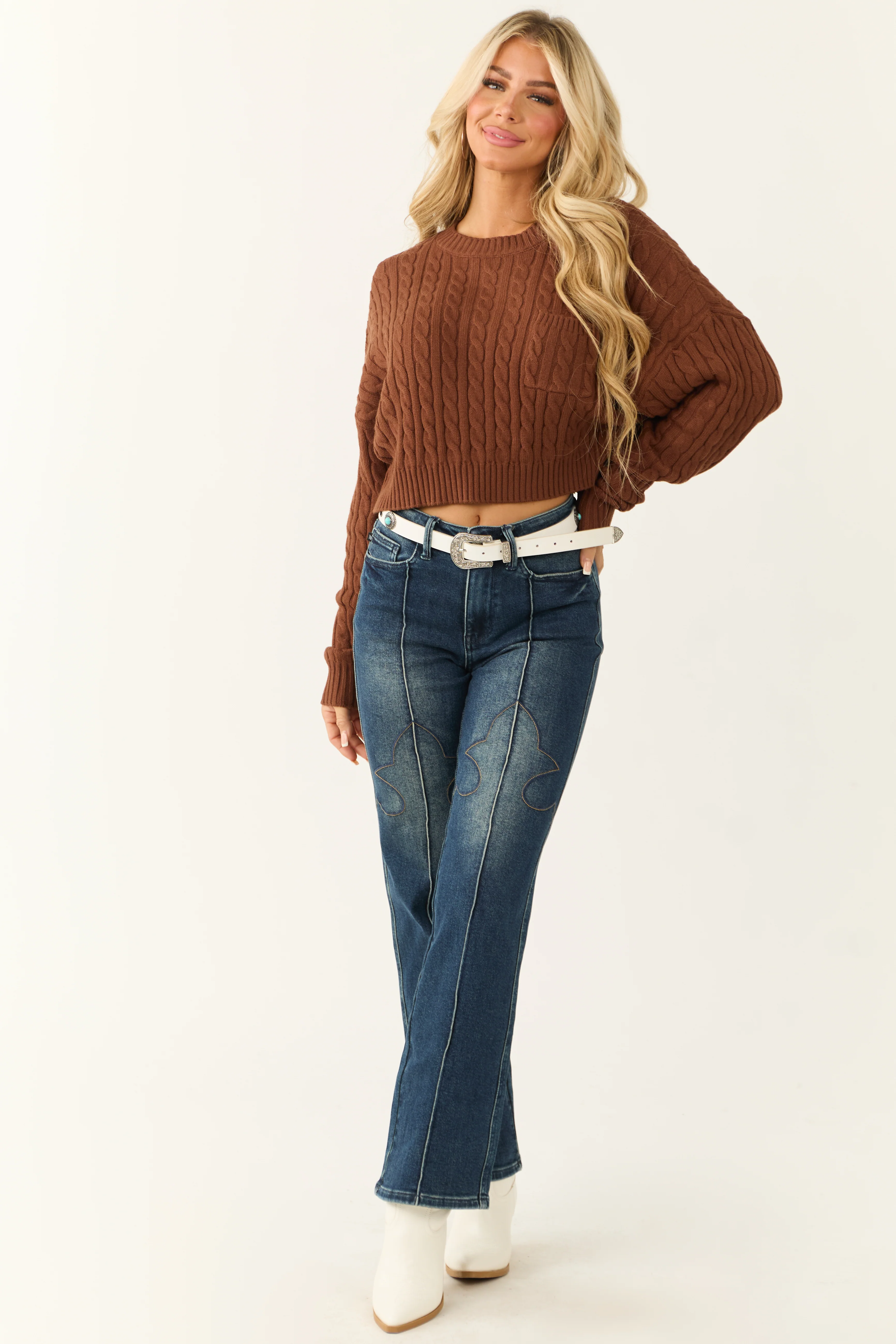 Cocoa Cropped Soft Cable Knit Sweater - LD SALE