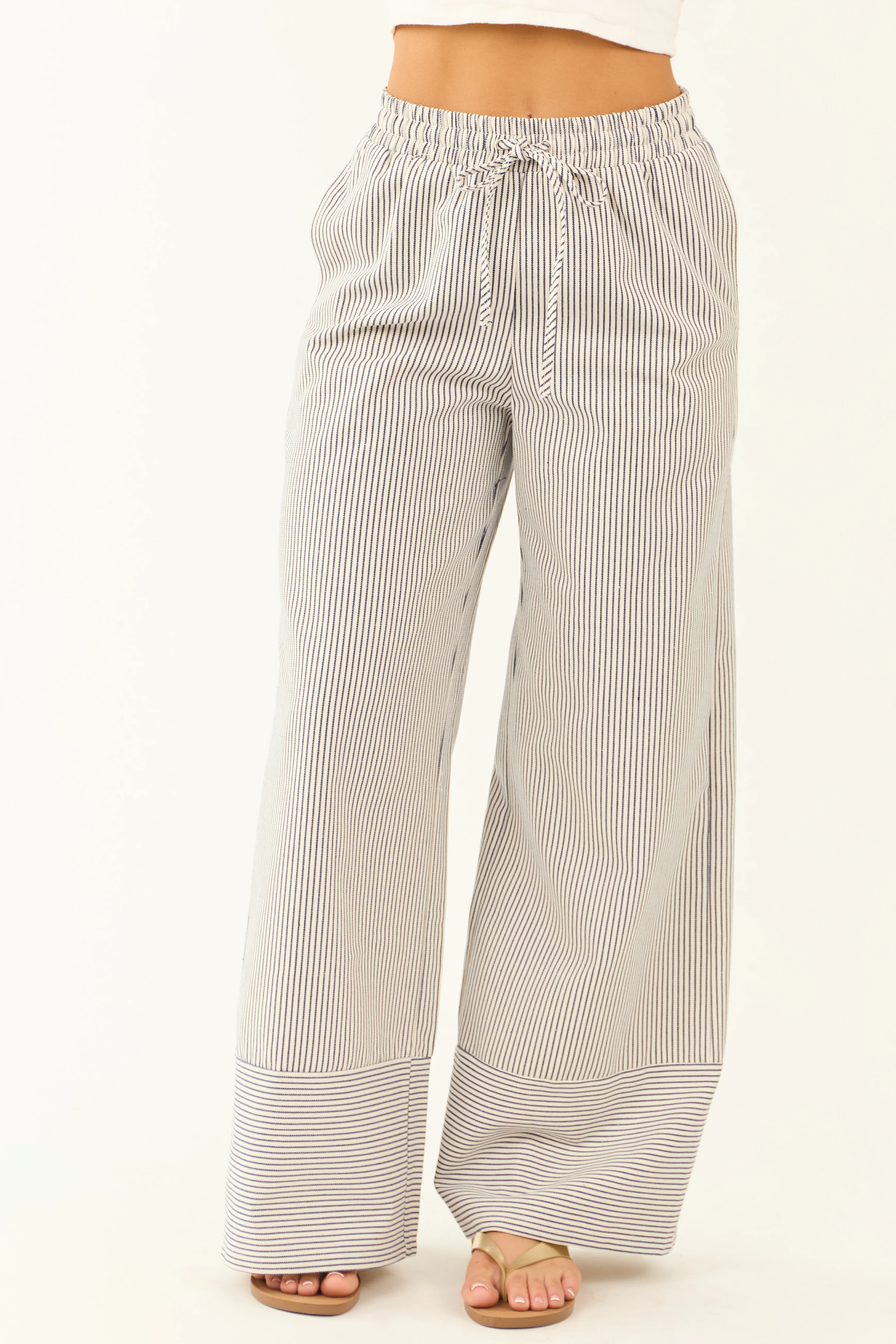 Ivory and Navy Striped Wide Leg Drawstring Pants - LD SALE