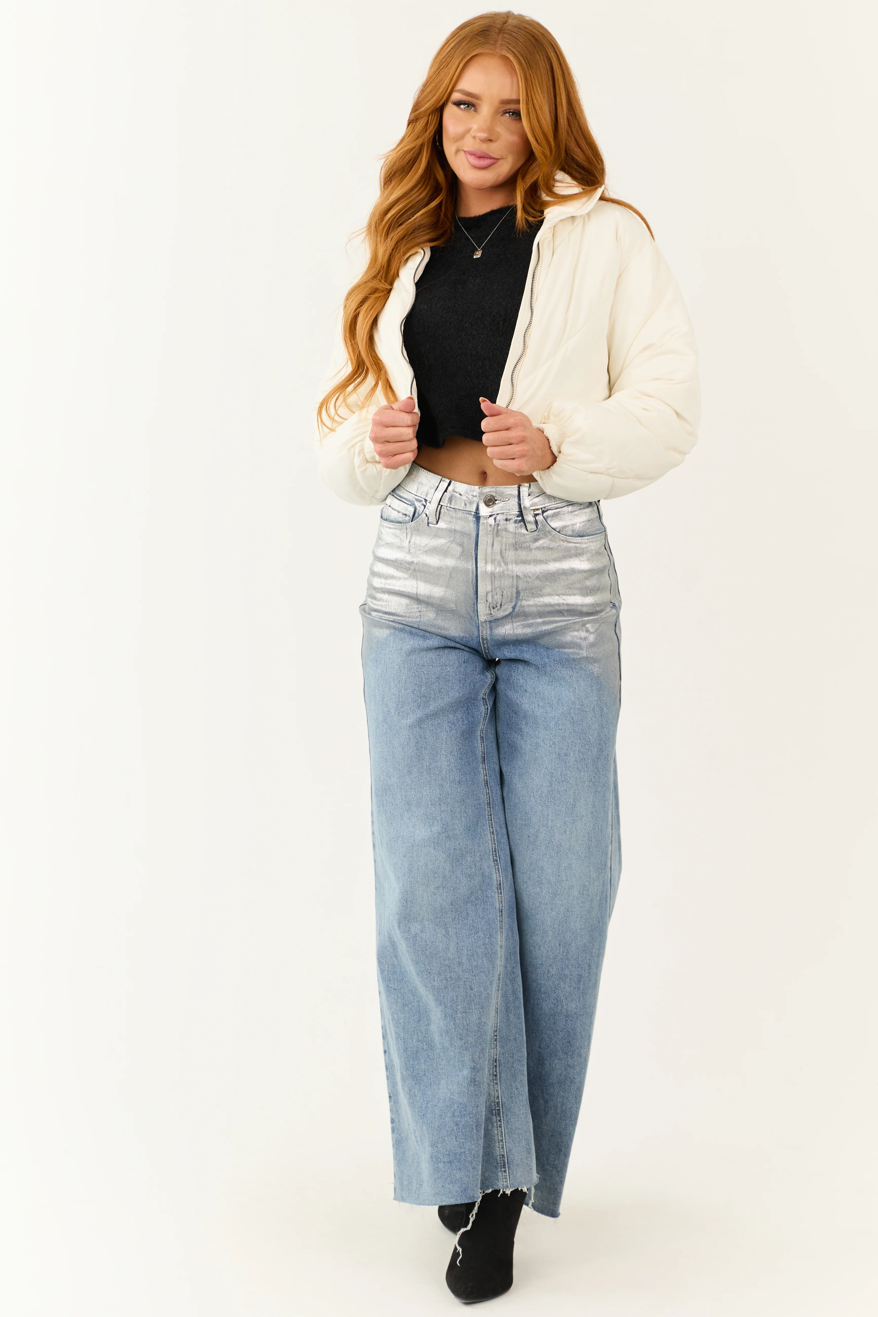 Ivory Super Cropped Zip Up Puffer Jacket - LD SALE