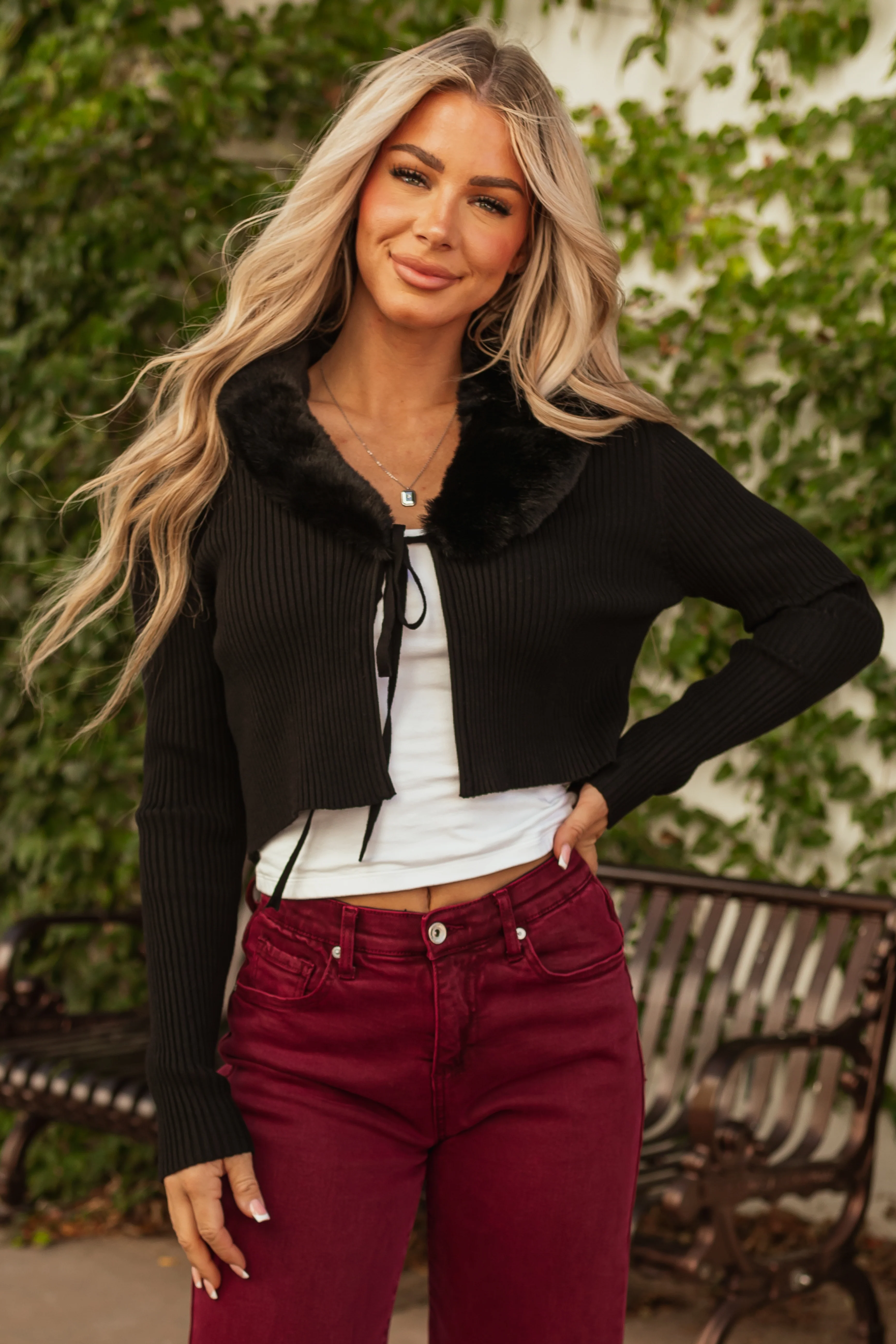 Black Faux Fur Collar Knit Sweater Cardigan - LD SALE