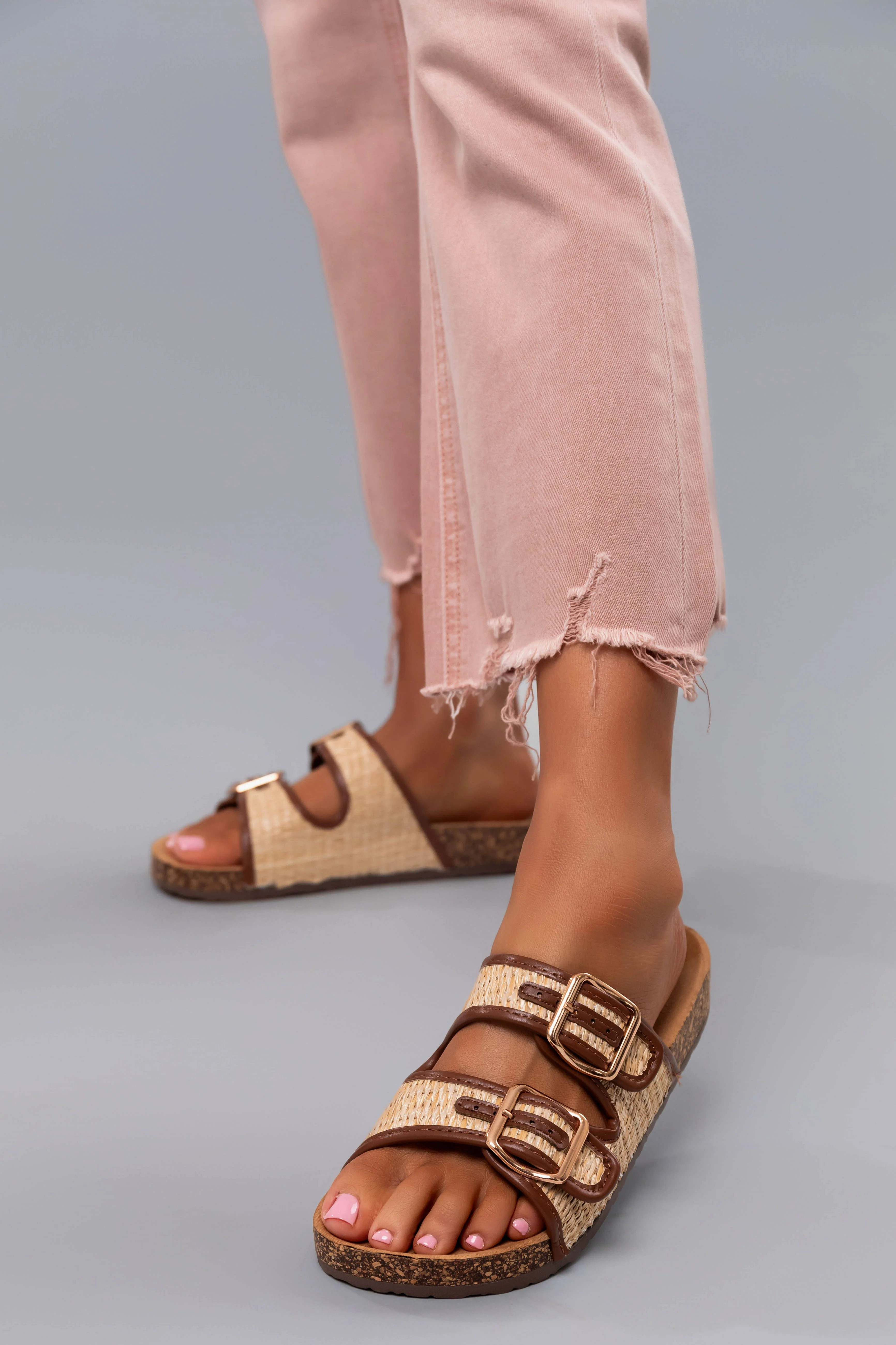 Sand Raffia Woven Cork Slide Sandals - LD SALE