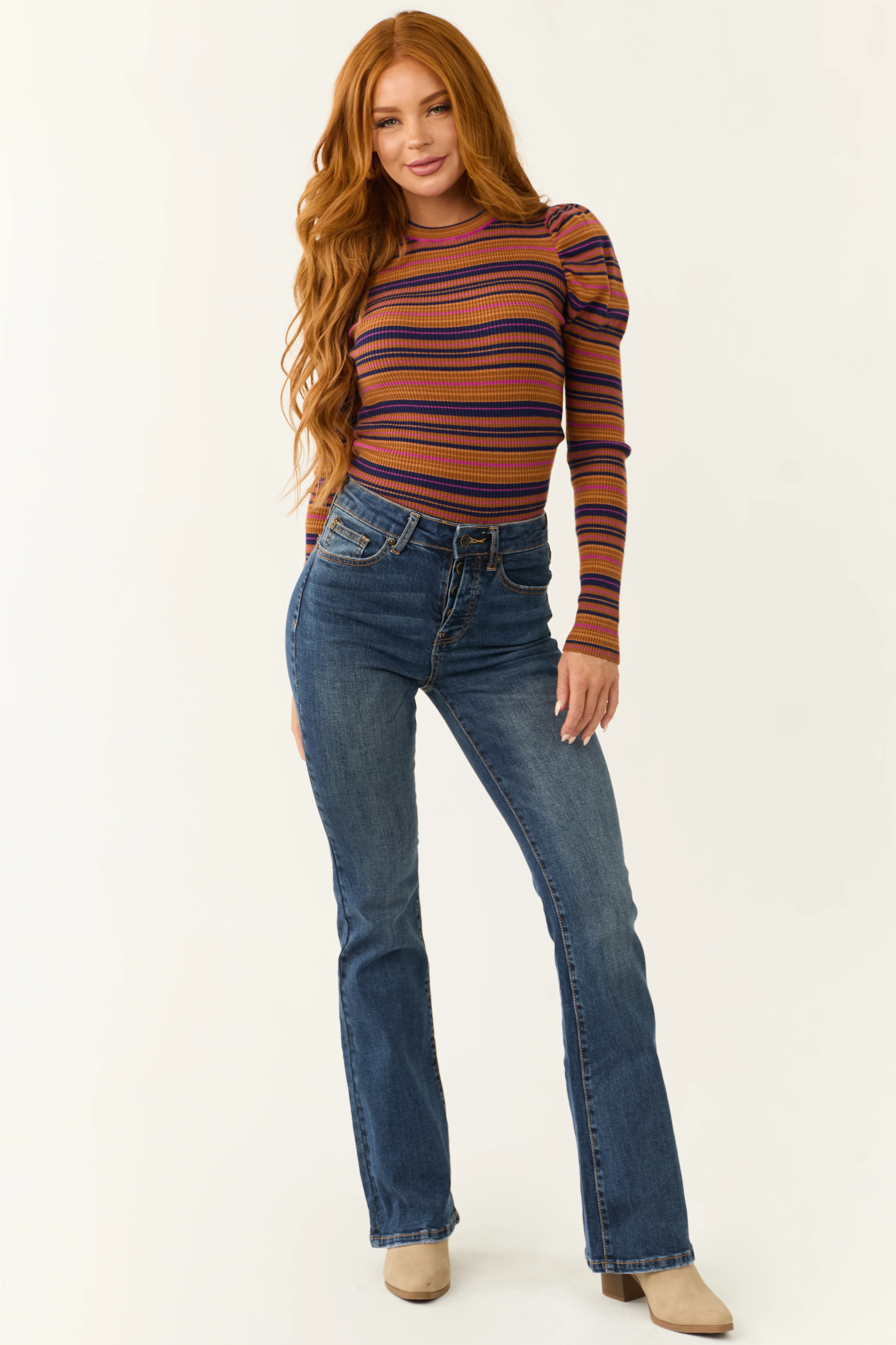 Flying Tomato Cognac Striped Puff Long Sleeve Shirt - LD SALE