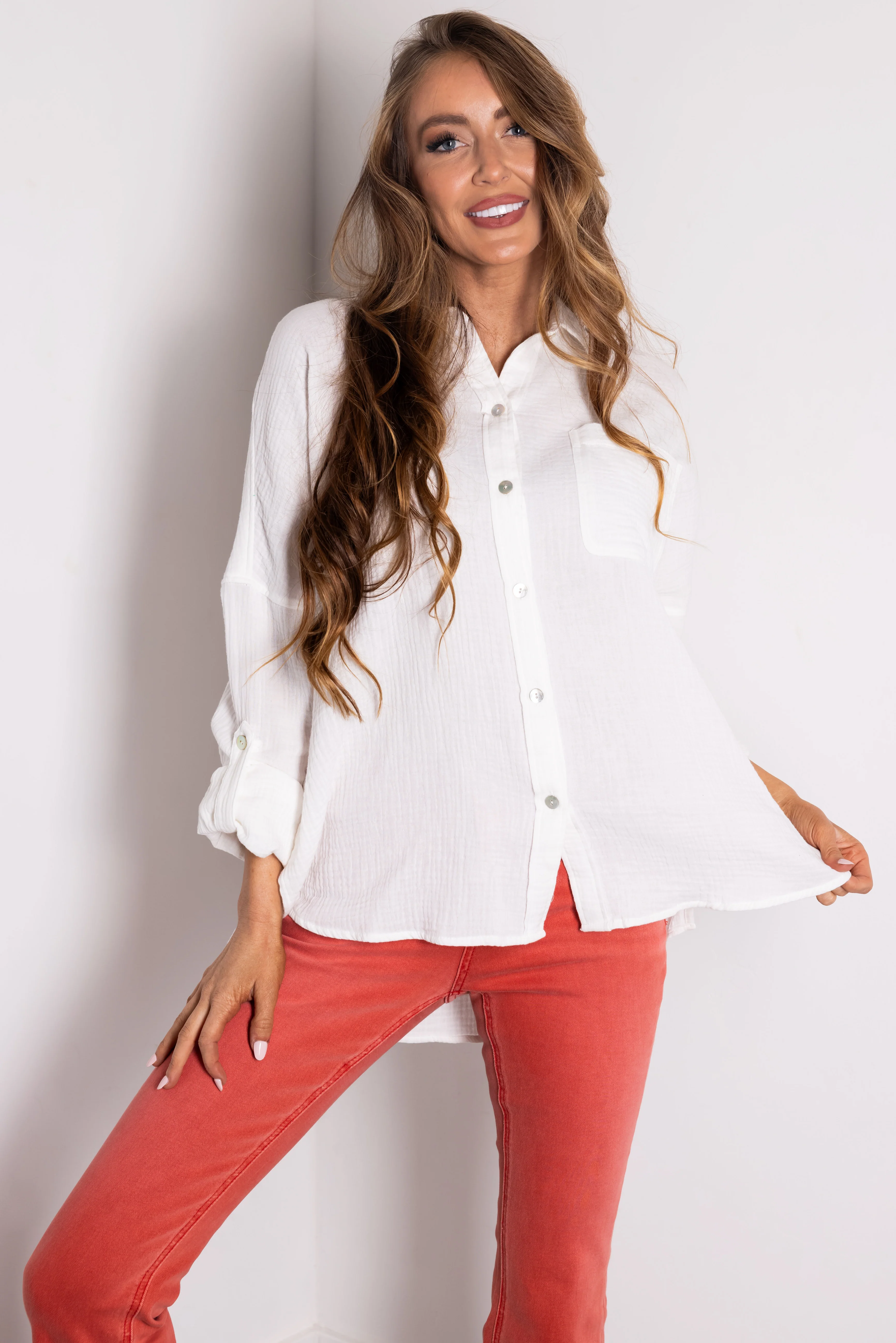 Off White Button Down Collared Long Sleeve Top - LD SALE