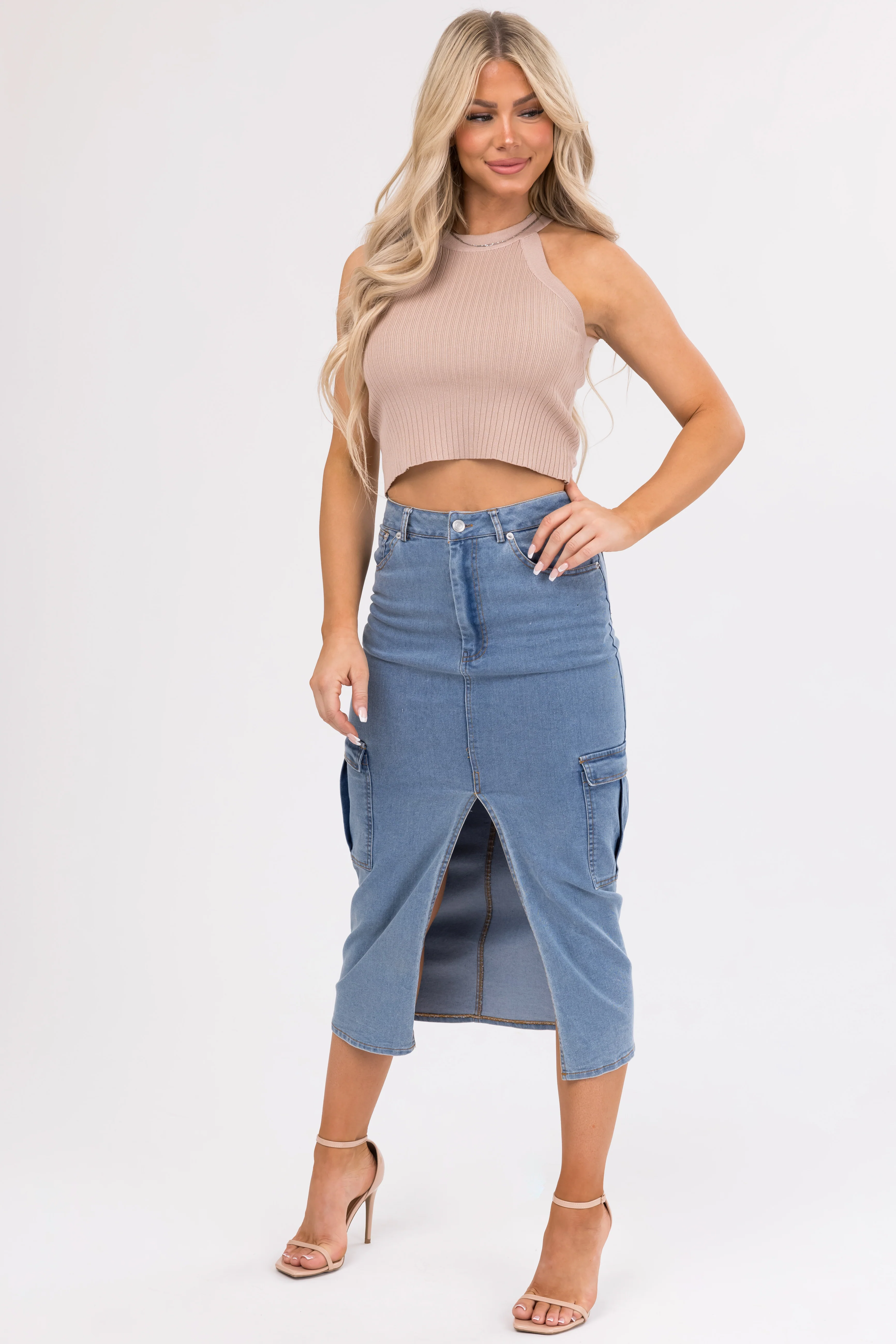 She+Sky Latte Halter Neck Ribbed Crop Top - LD SALE