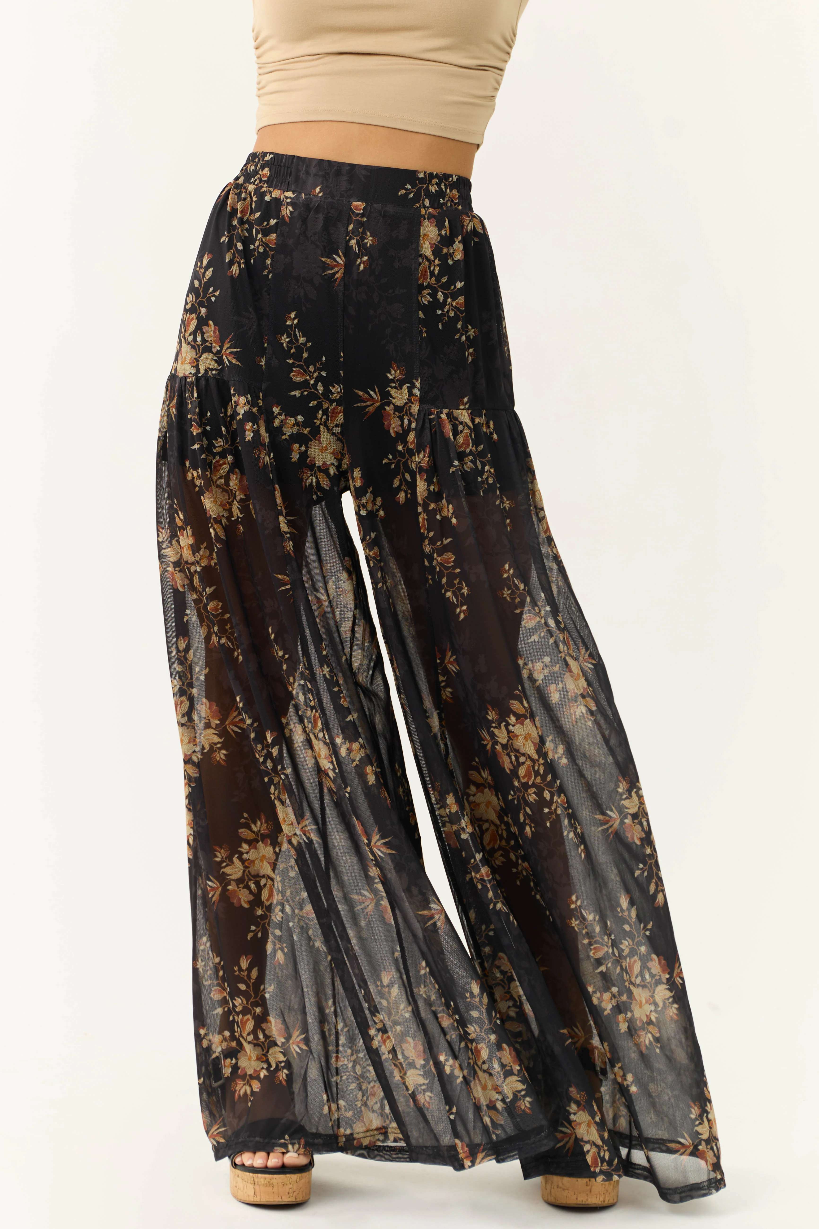 Black Floral Print Mesh Palazzo Pants - LD SALE