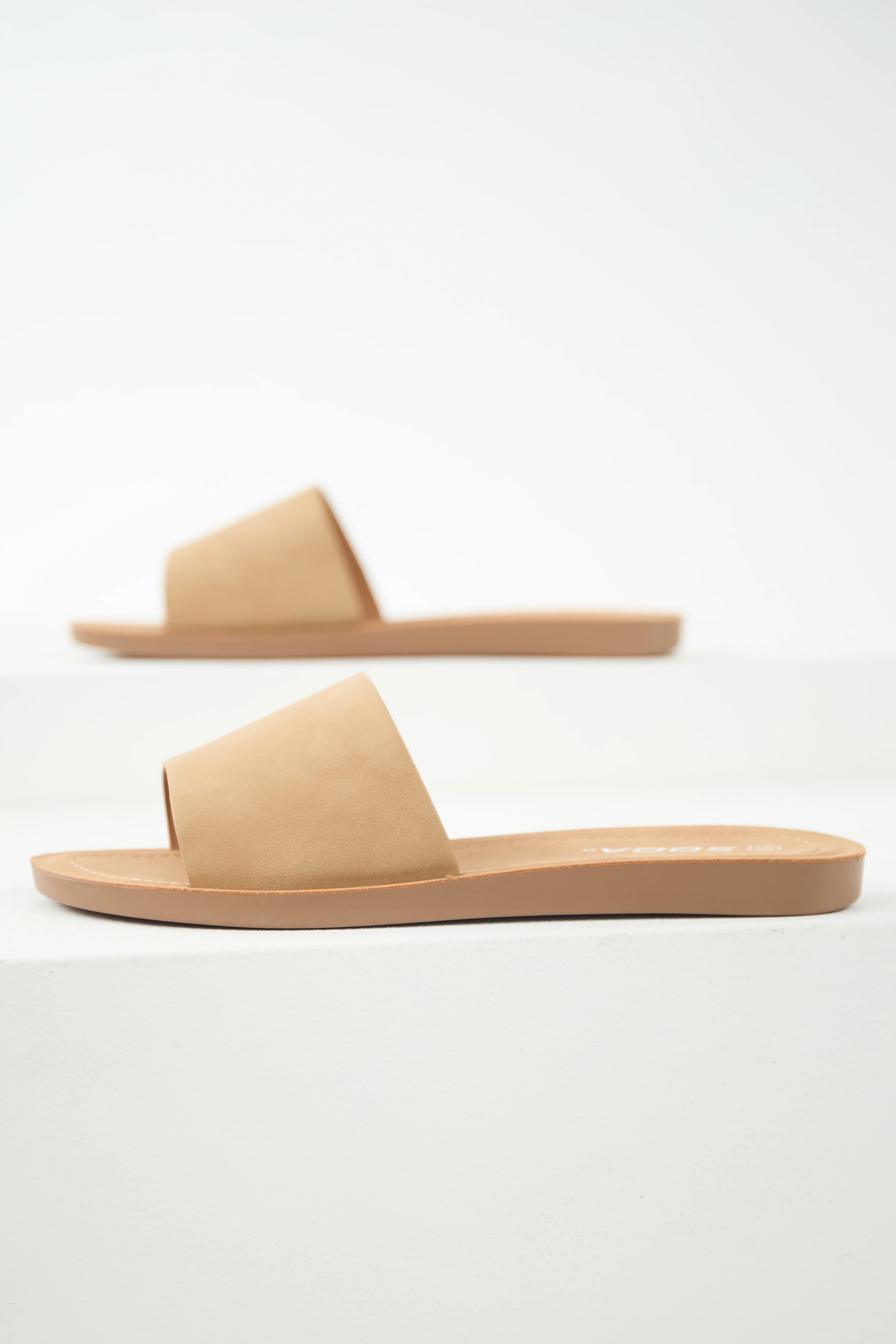 Latte Solid Band Flat Slide Open Toe Sandals - LD SALE
