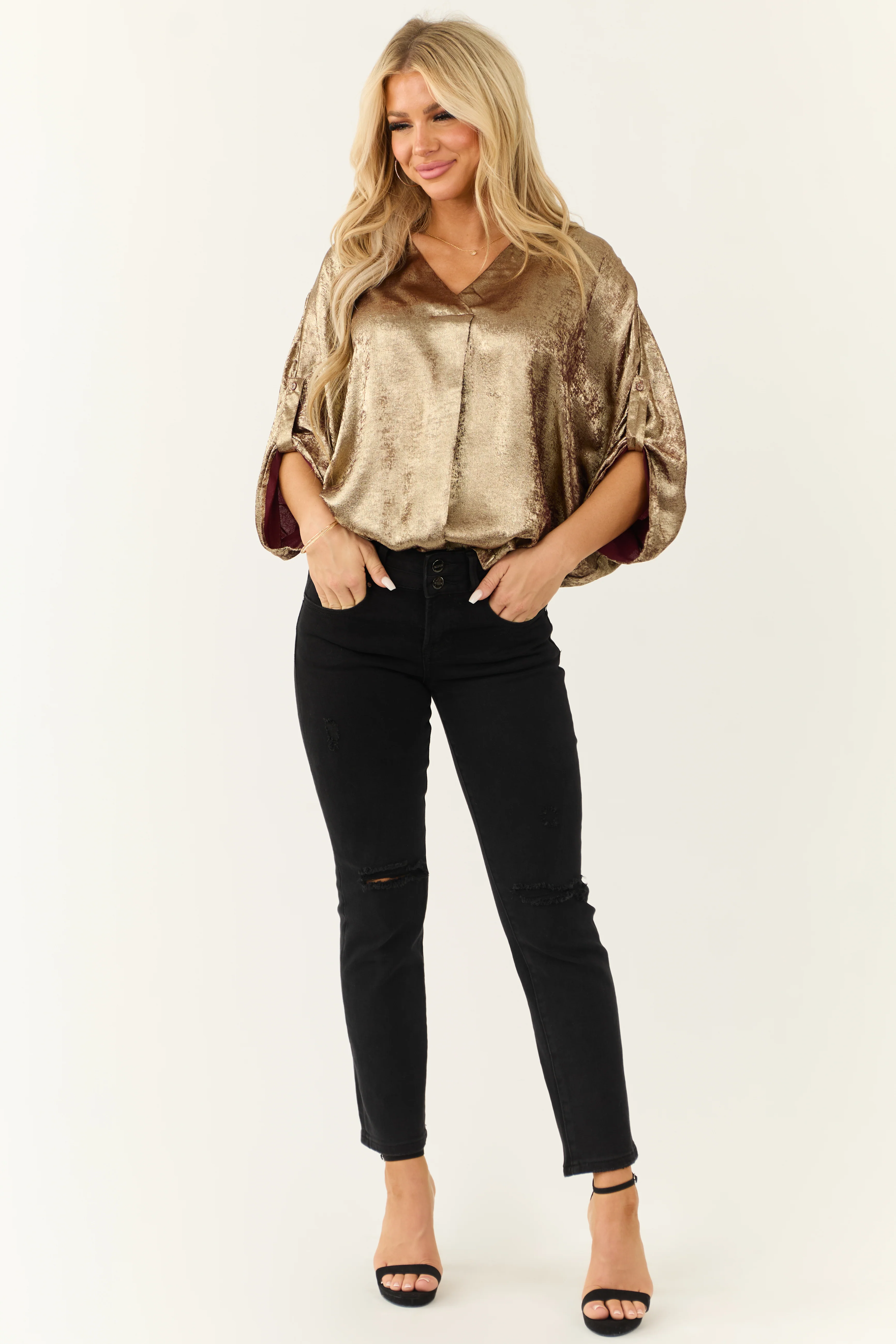 Gold Metallic V Neck Half Sleeve Blouse - LD SALE