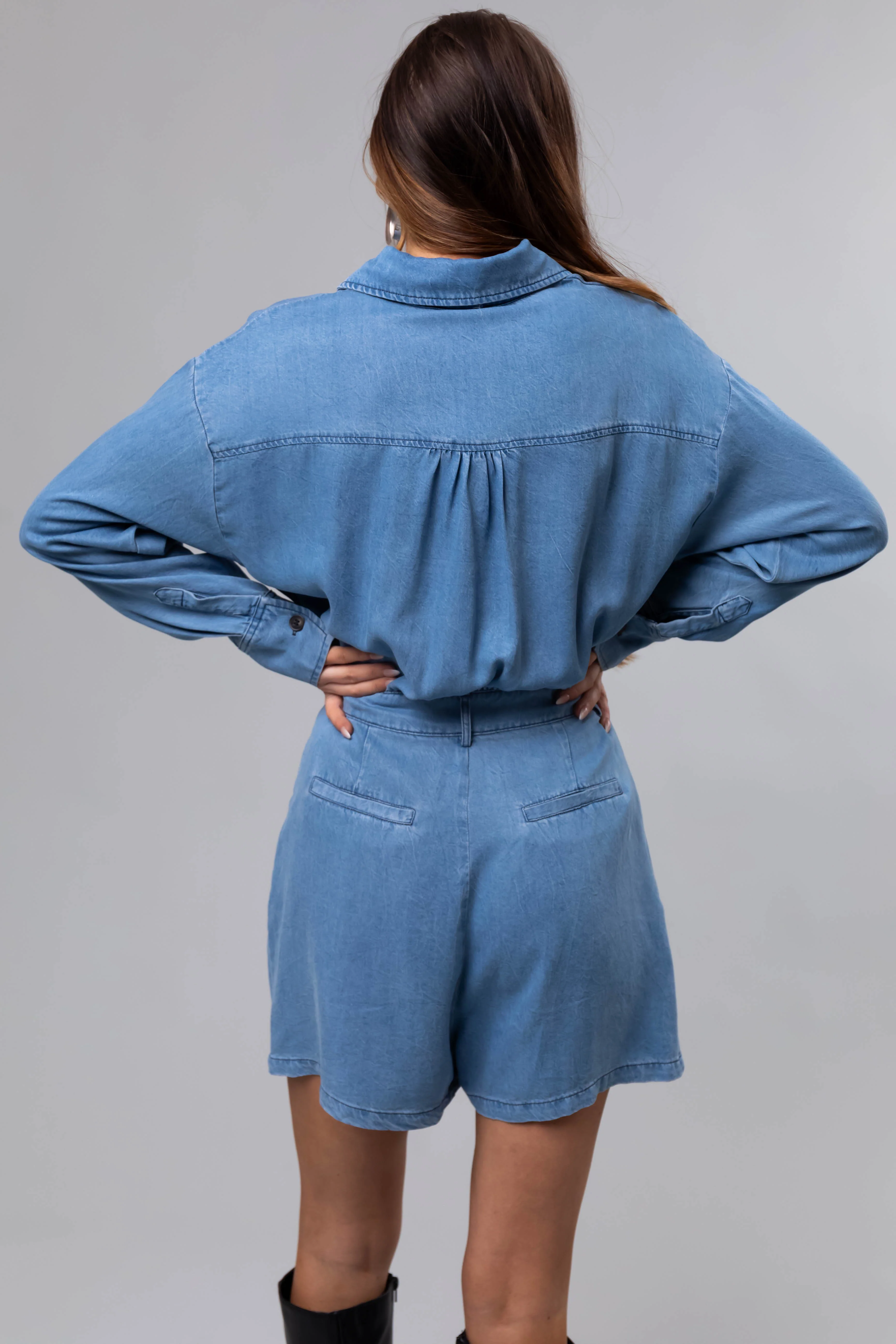 Medium Denim Long Sleeve Button Up Romper - LD SALE
