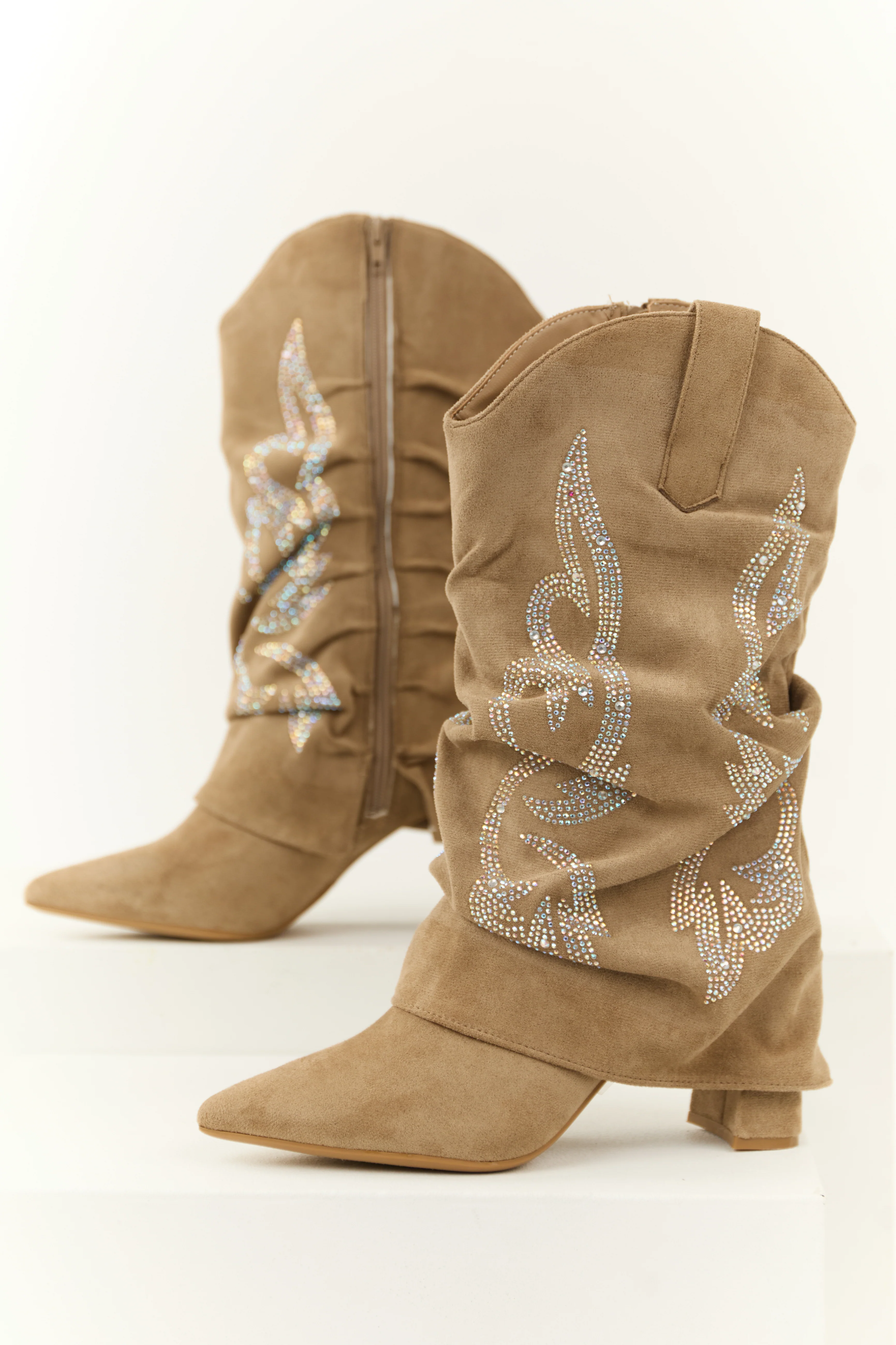 Latte Faux Suede Rhinestone Overlay Boots - LD SALE