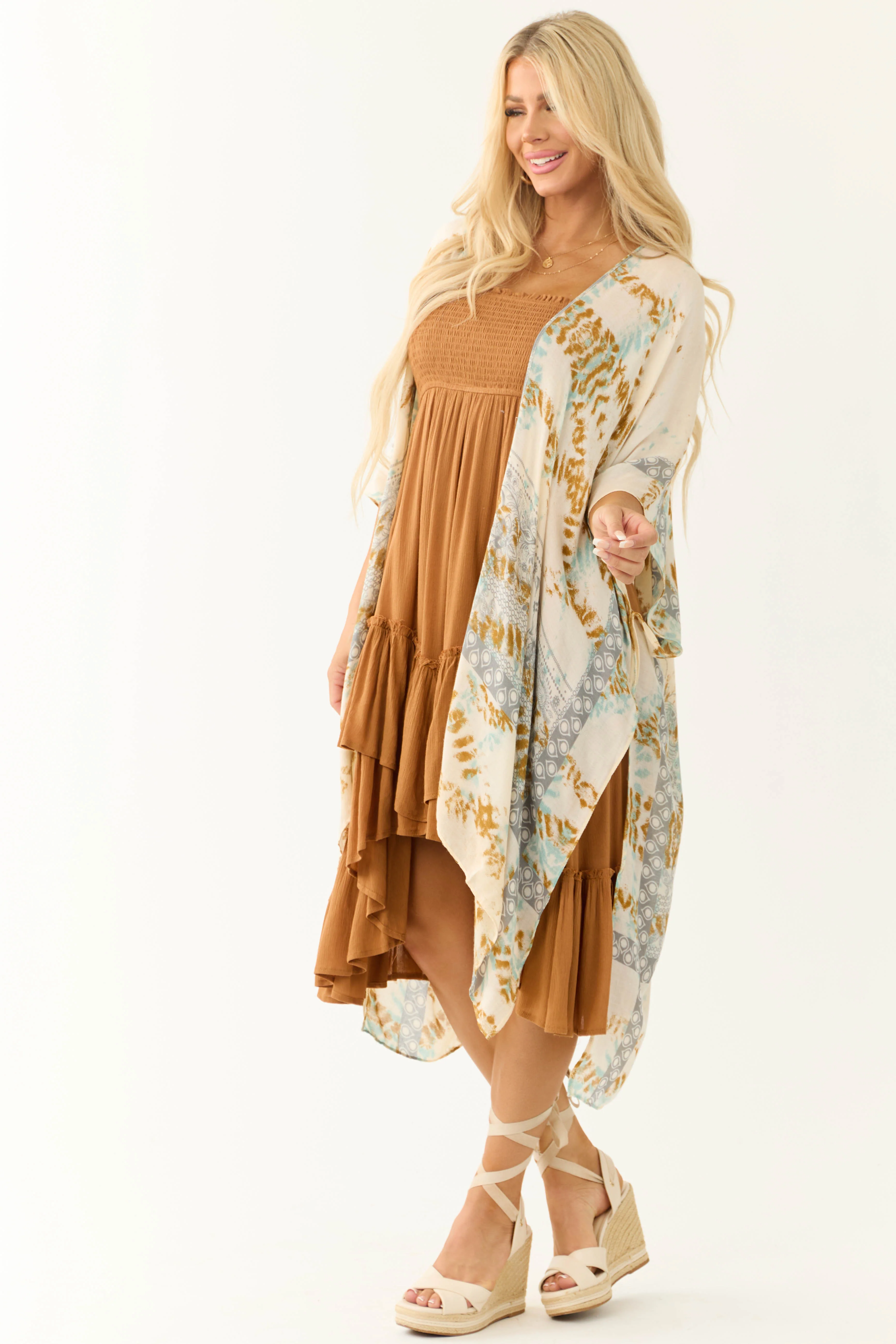 Buttercream Abstract Print Side Slit Kimono - LD SALE