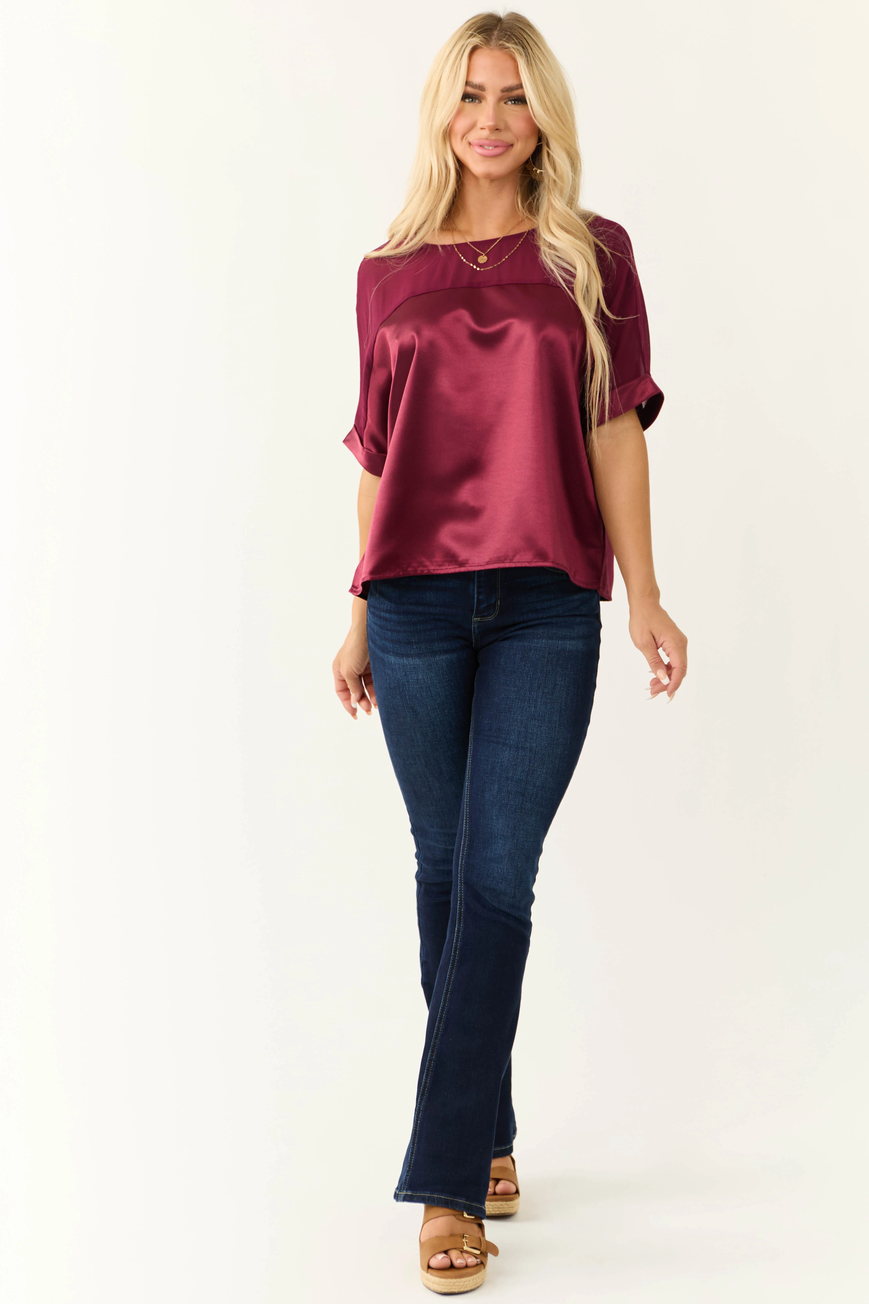 Wine Contrast Yoke Cuffed Sleeve Satin Blouse - LD SALE