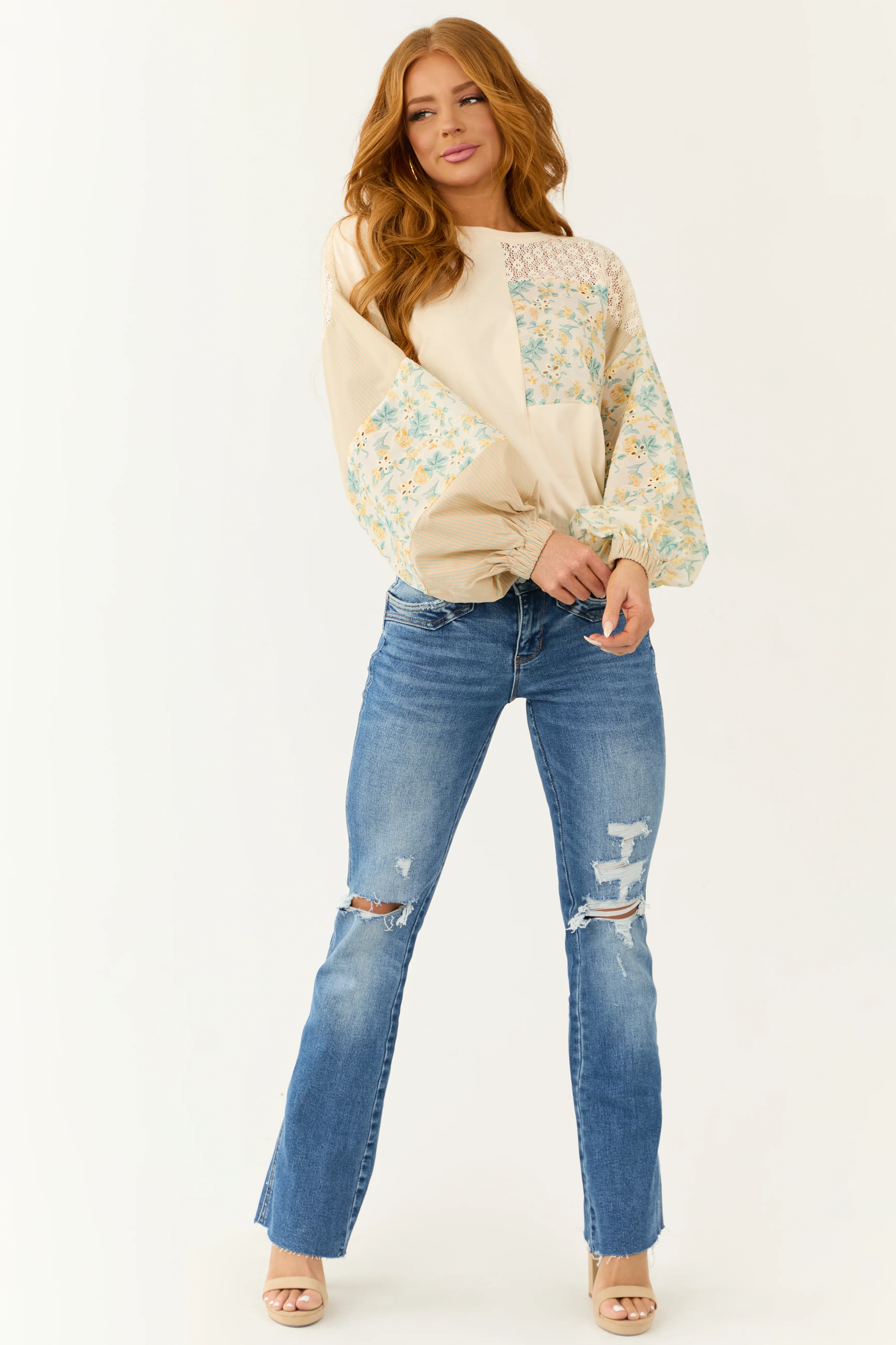 Champagne Mixed Patchwork Balloon Sleeve Top - LD SALE