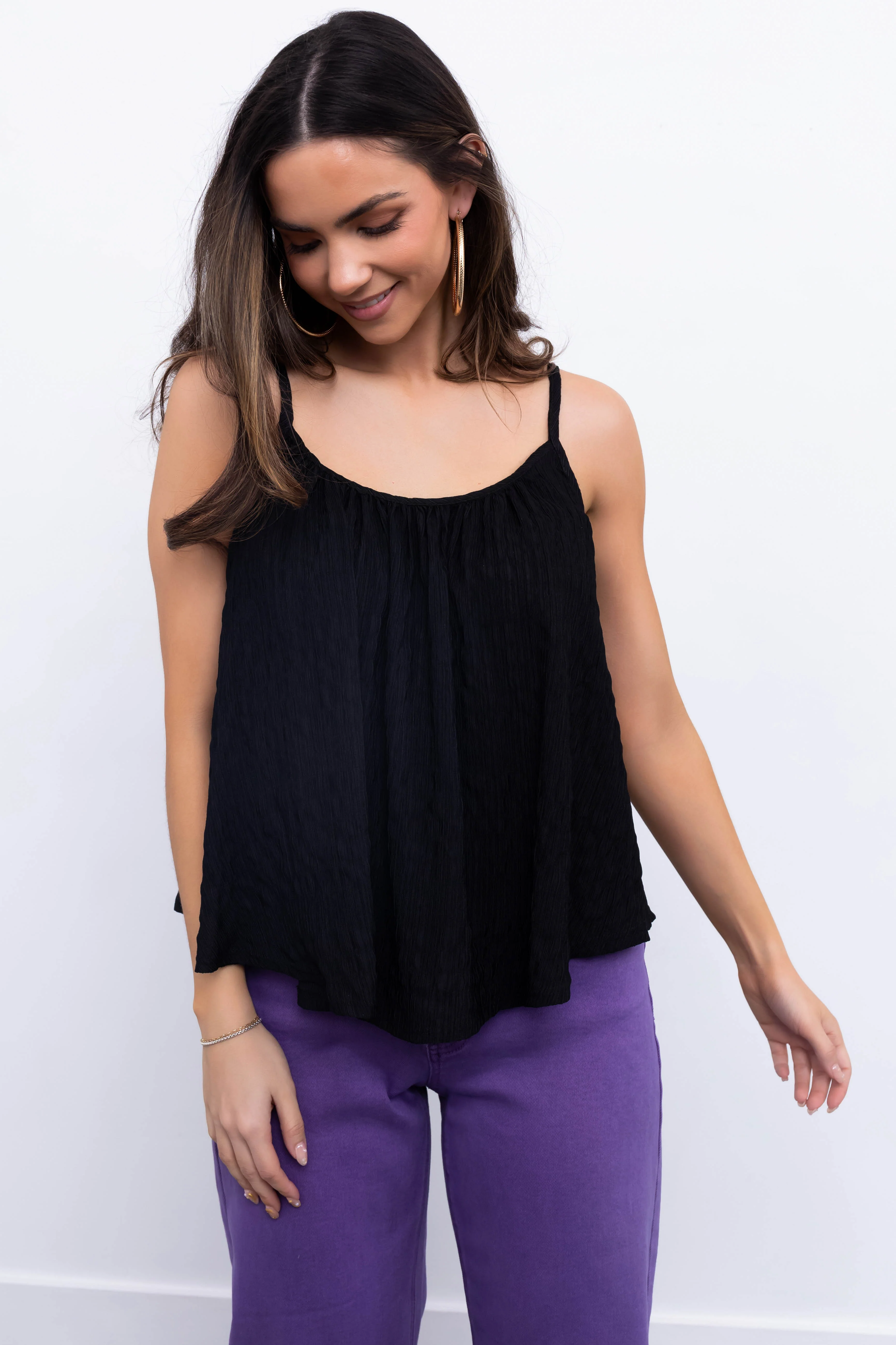 Black Round Neckline Flowy Cami Tank Top - LD SALE