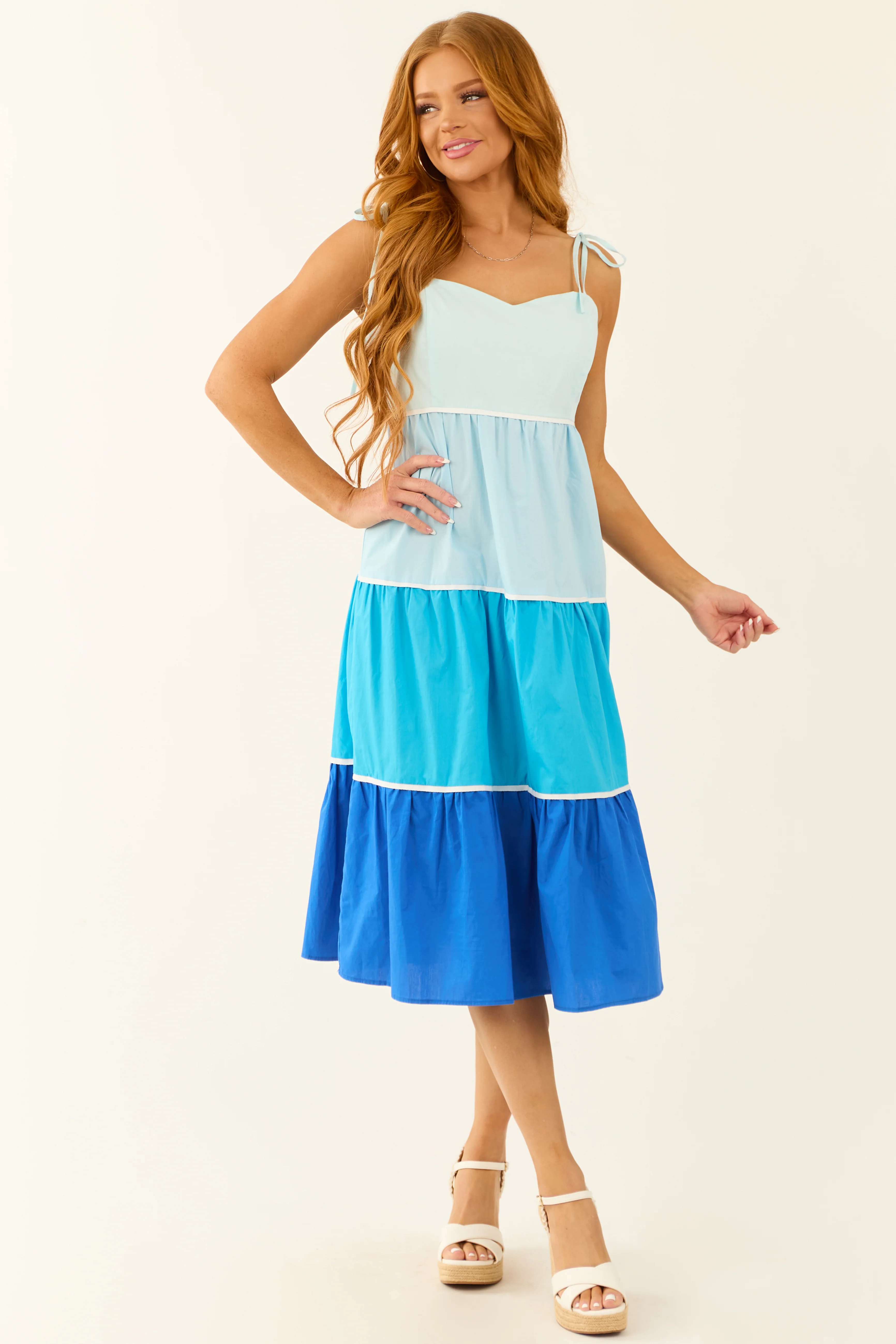 Baby Blue Tiered Colorblock Sleeveless Midi Dress - LD SALE