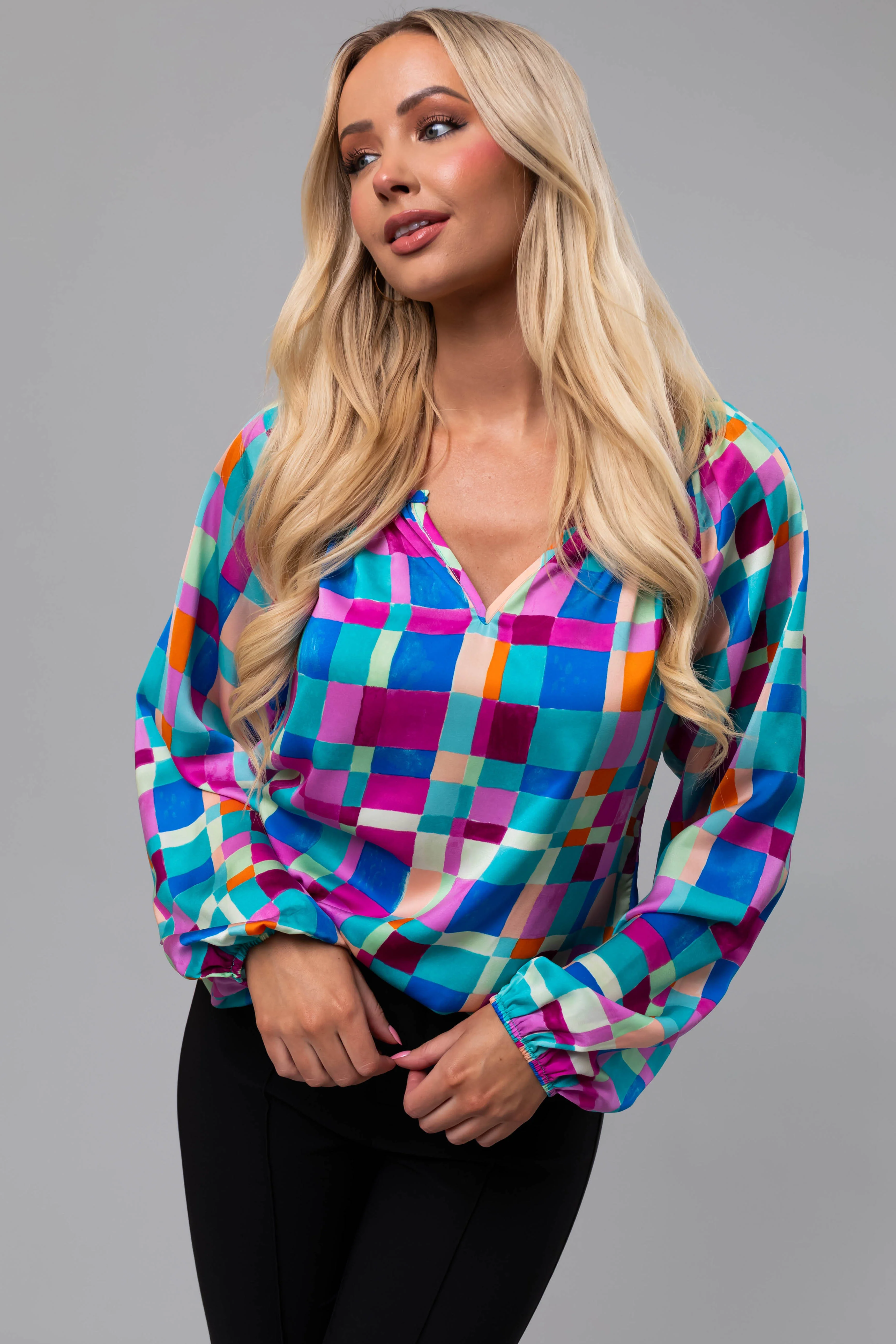 Turquoise Geo Print Long Sleeve V Neck Top - LD SALE