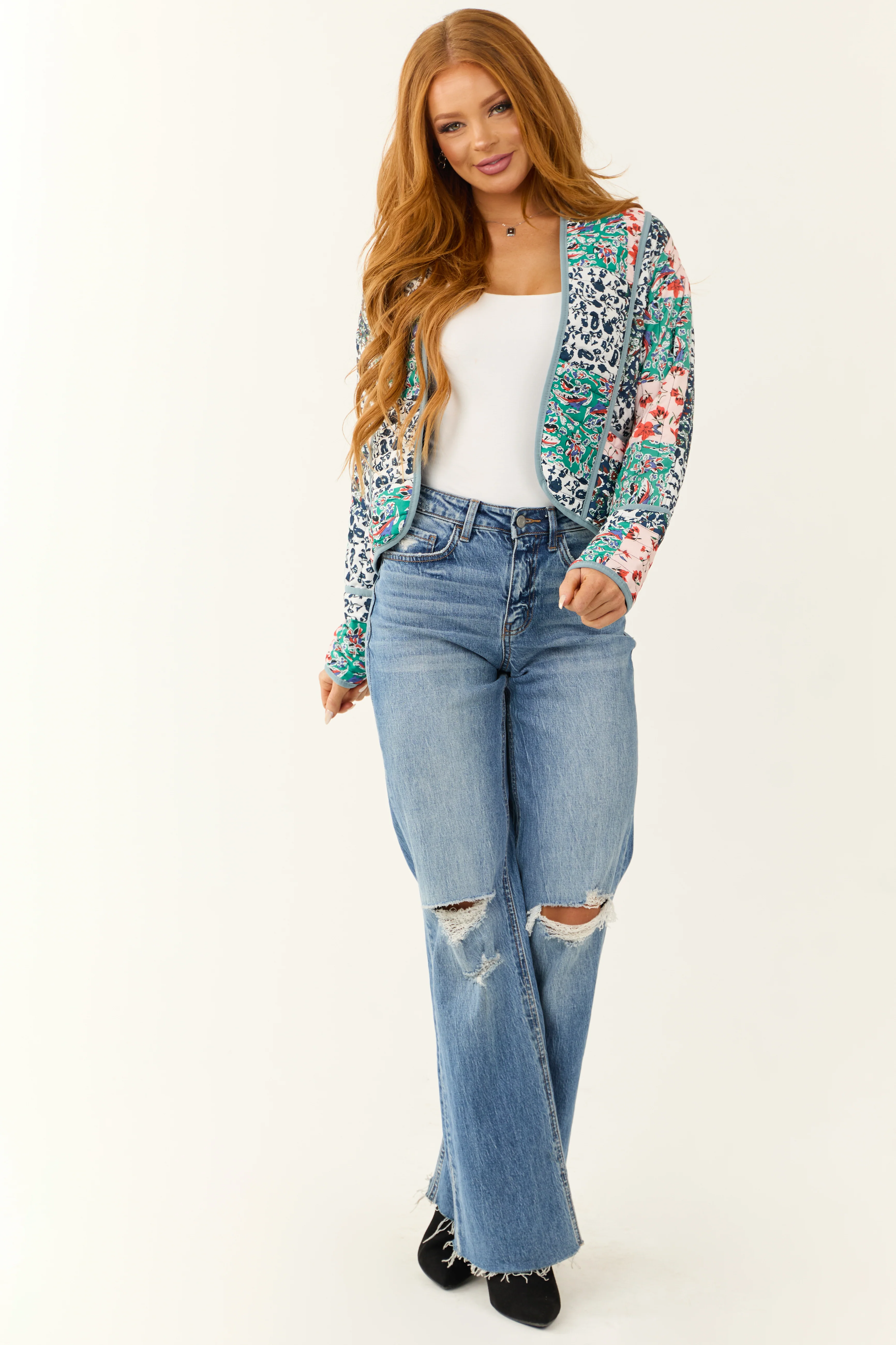 Slate Blue Floral Multiprint Quilted Jacket - LD SALE