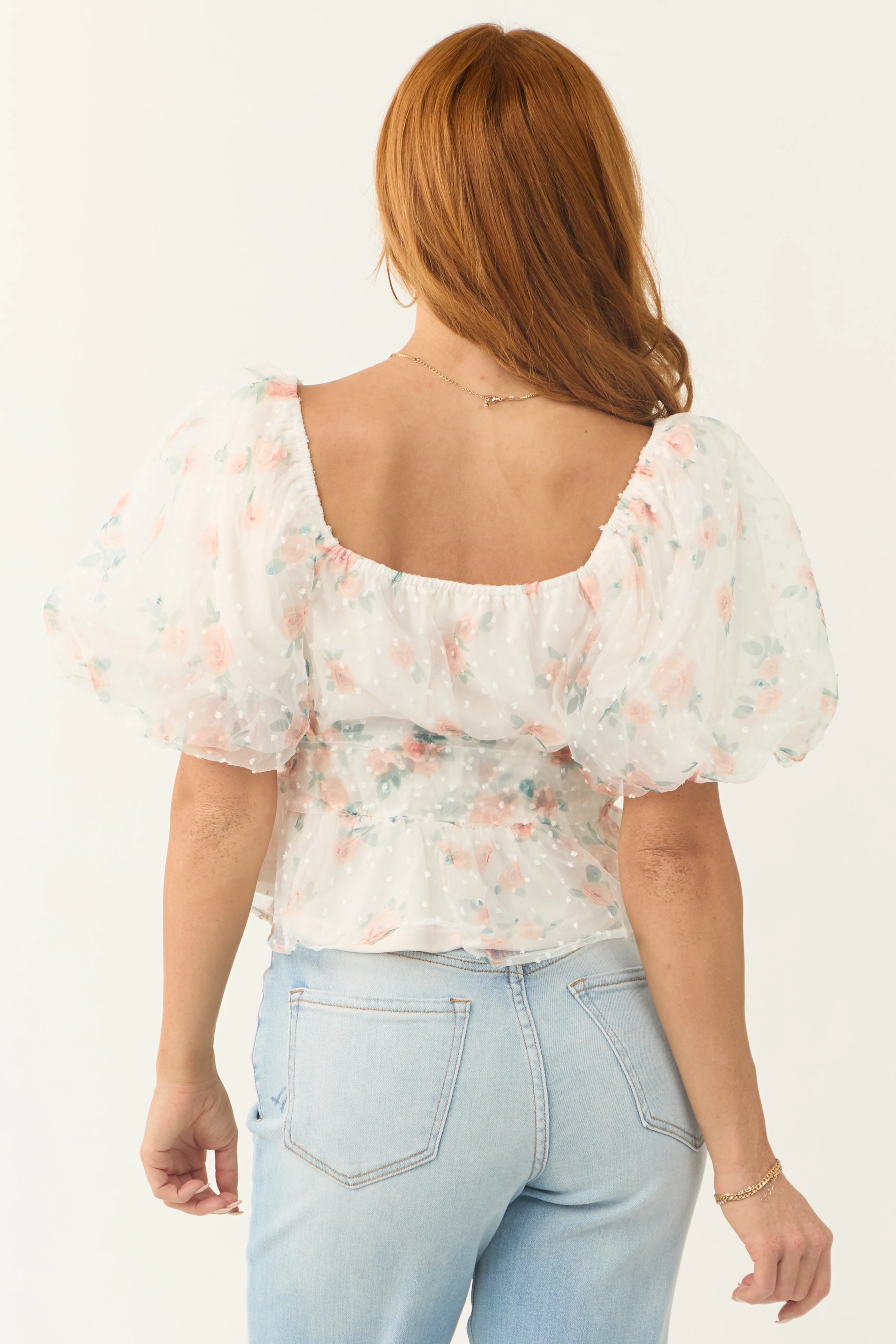 Ivory Tulle Floral Print Puff Sleeve Top - LD SALE