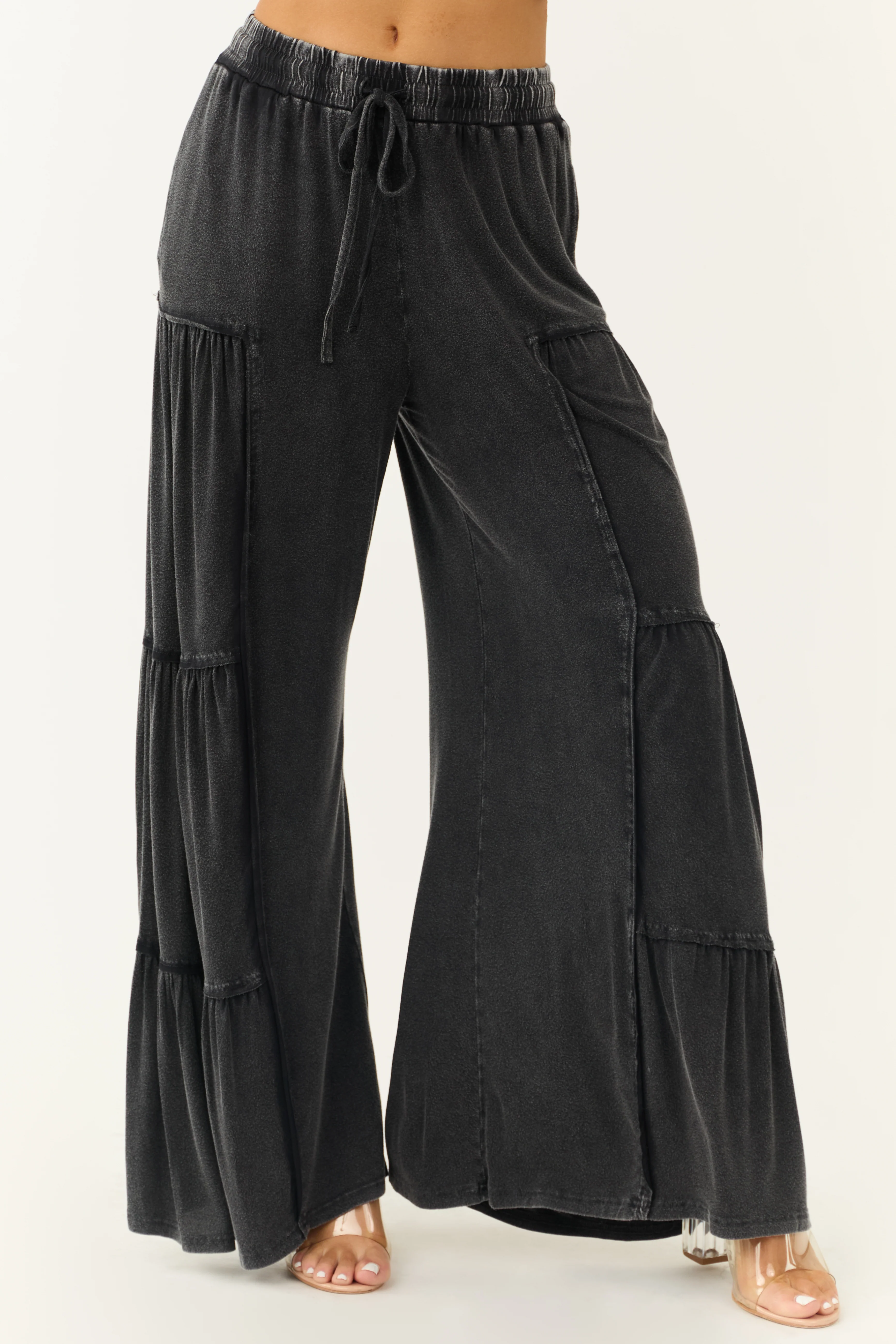 Charcoal Mineral Wash Tiered Wide Leg Pants - LD SALE