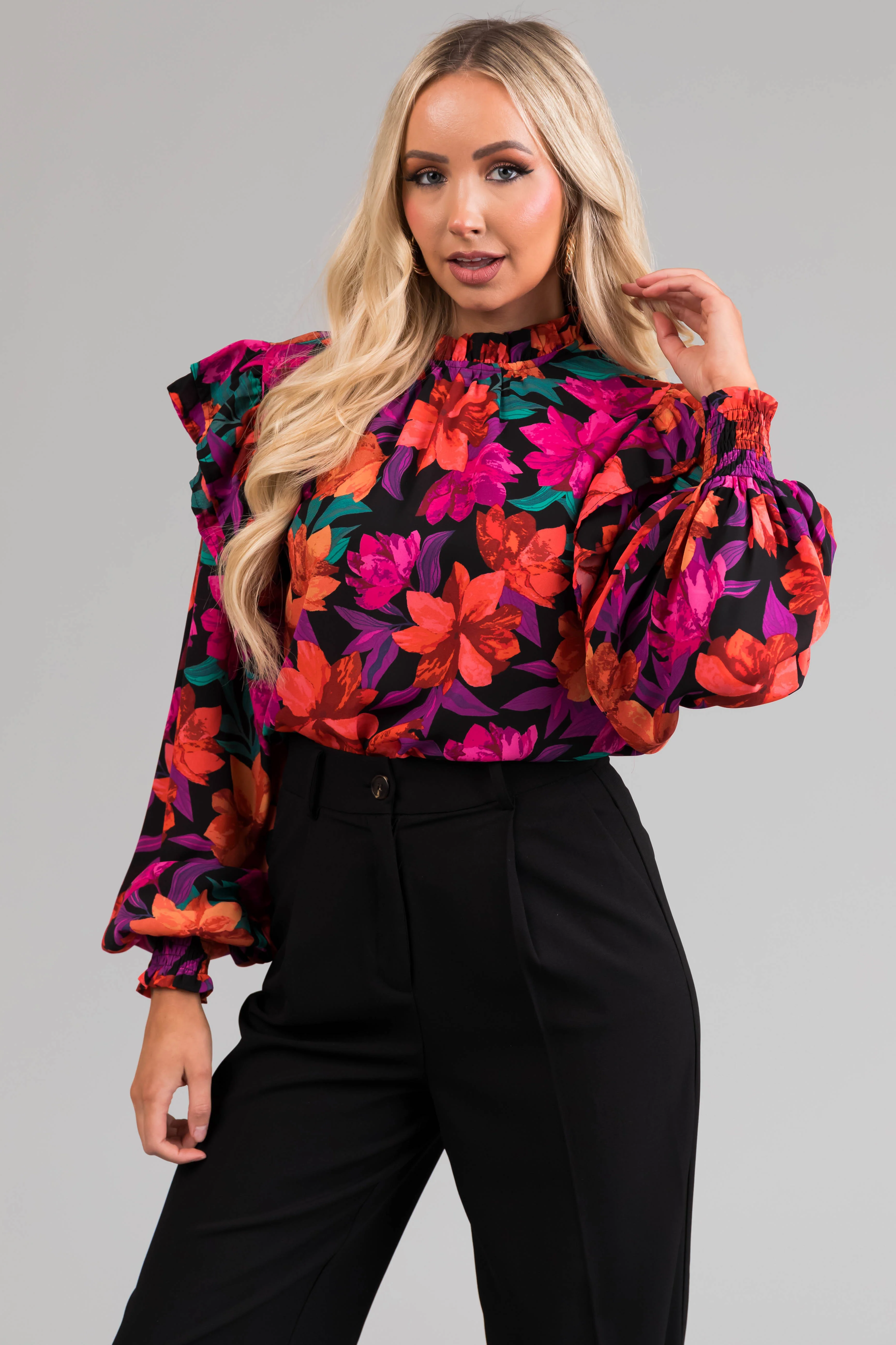 Flying Tomato Black Floral Print Ruffle Top - LD SALE