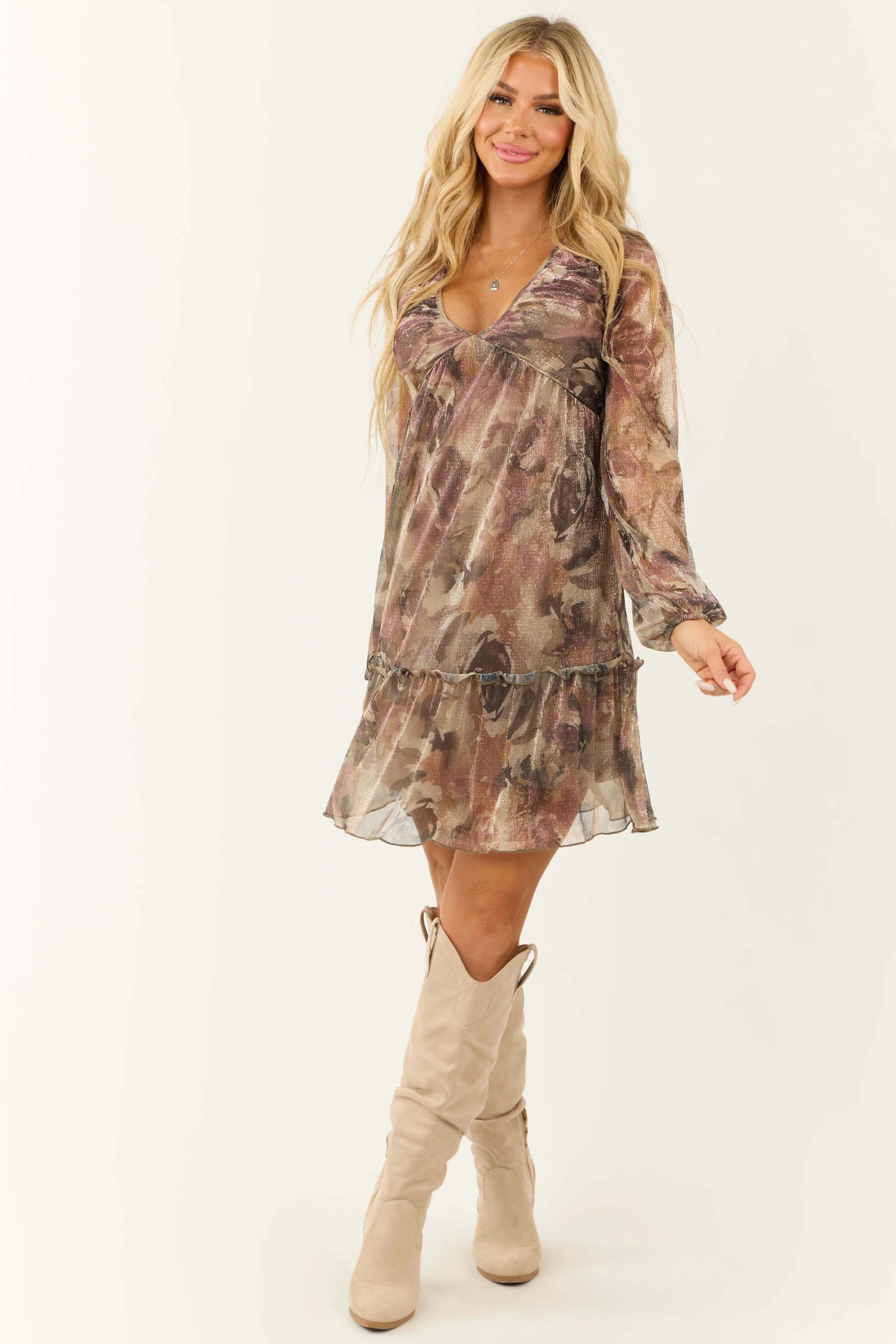 Mauve Floral Print Plunging Neckline Short Dress - LD SALE