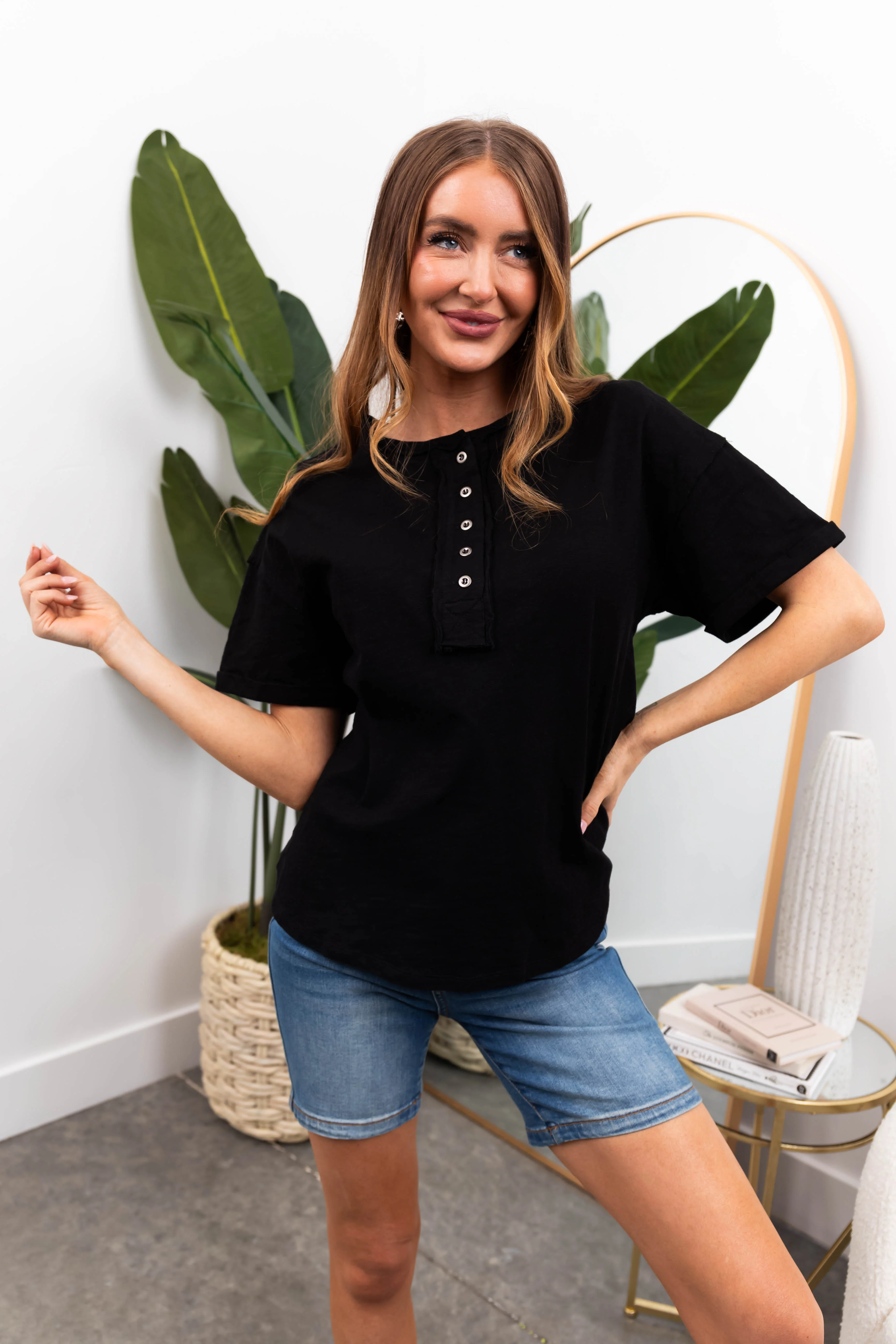 Black Button Front Oversized Knit Top - LD SALE