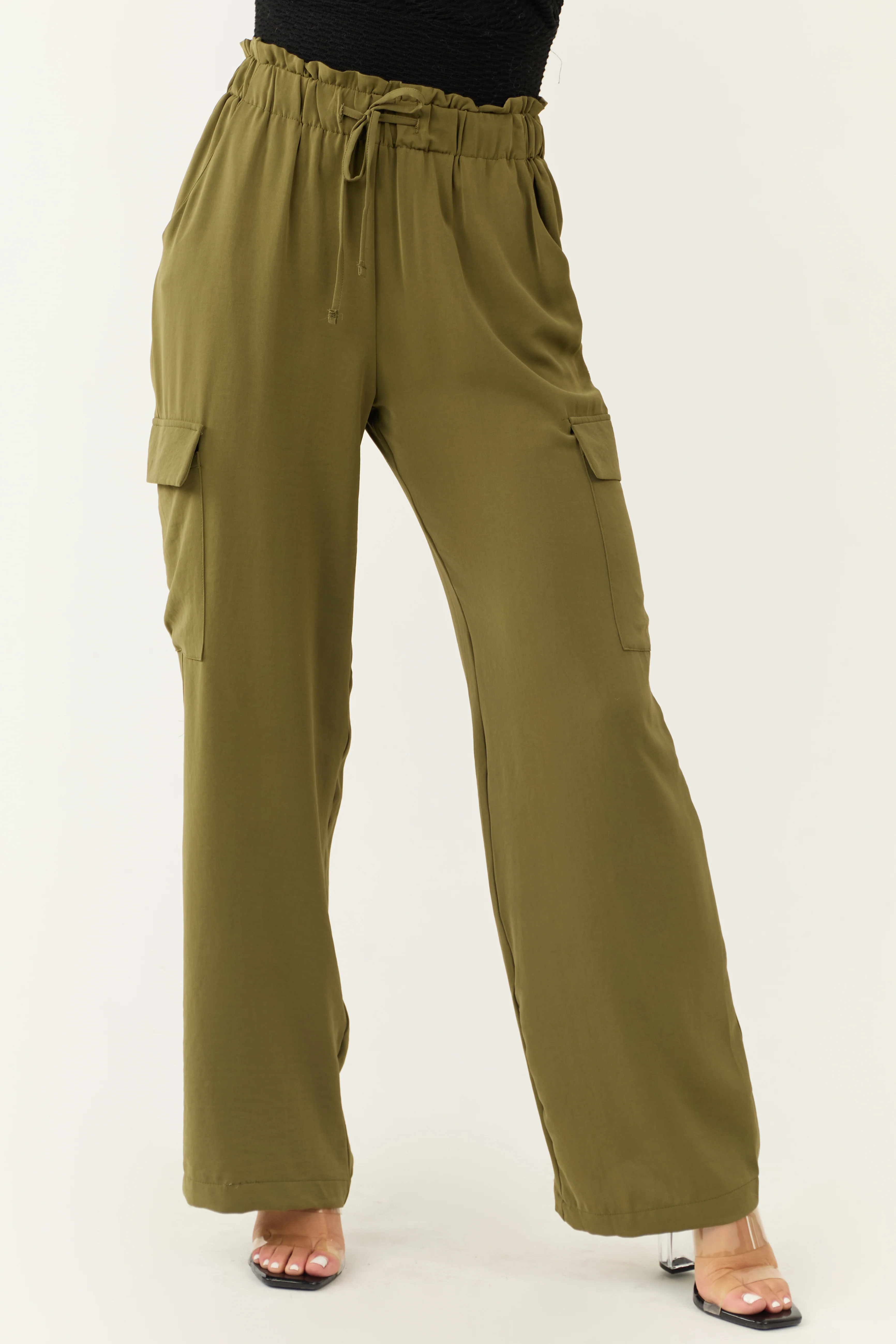 Olive Elastic Paperbag Waist Drawstring Cargo Pants - LD SALE