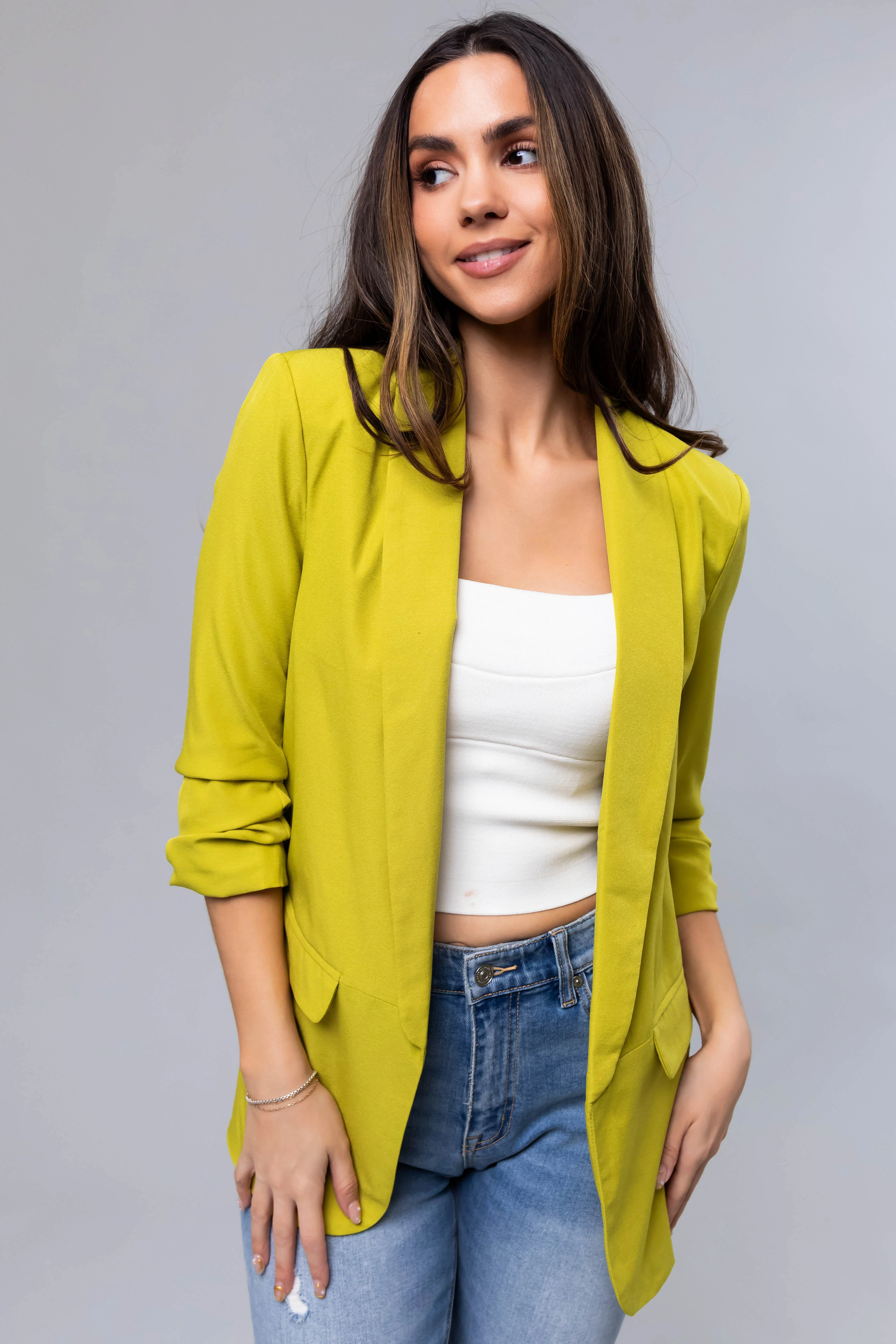 Lime Ruched 3/4 Sleeve Open Front Blazer - LD SALE