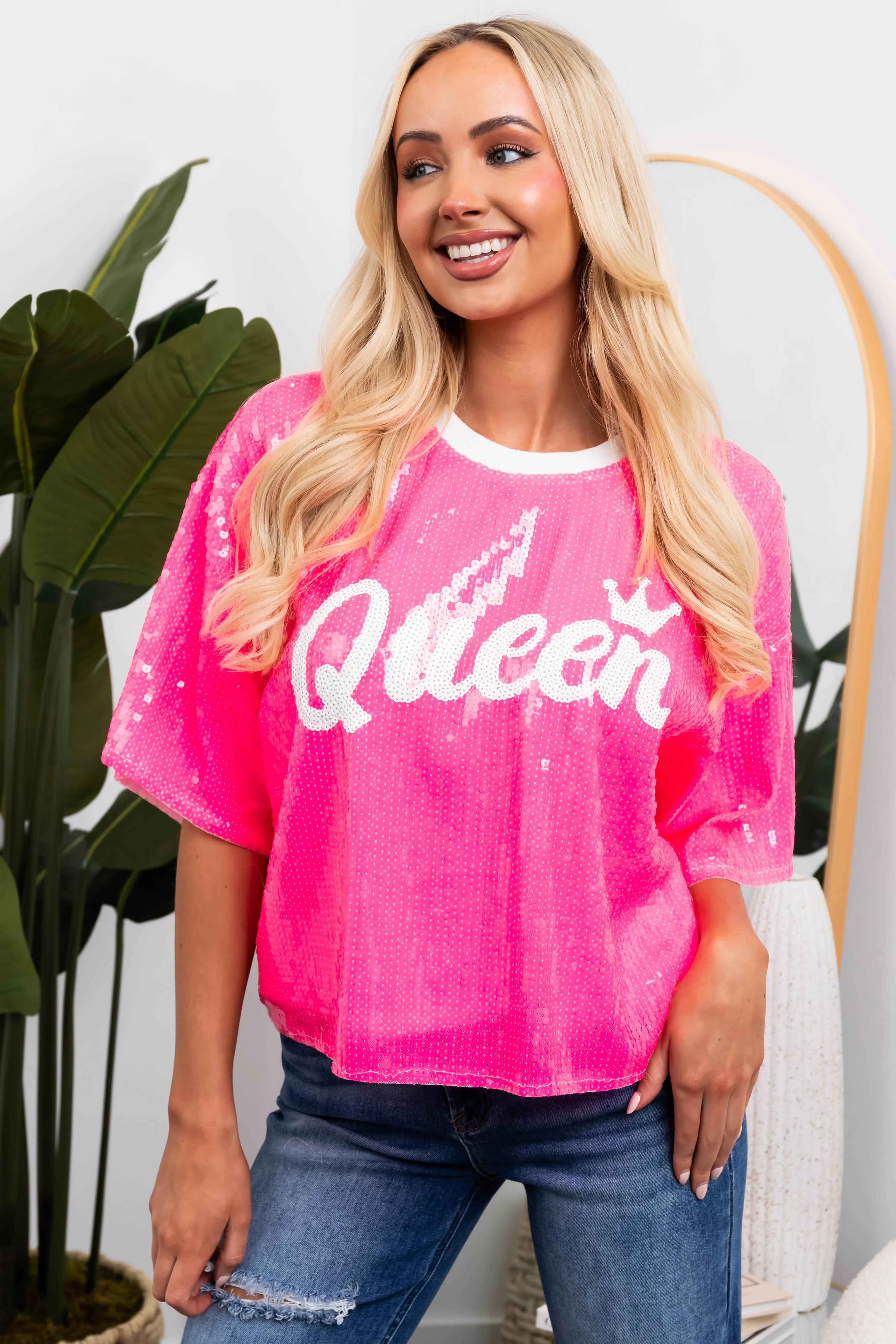 Neon Hot Pink 'Queen' Sequined Half Sleeve Top - LD SALE