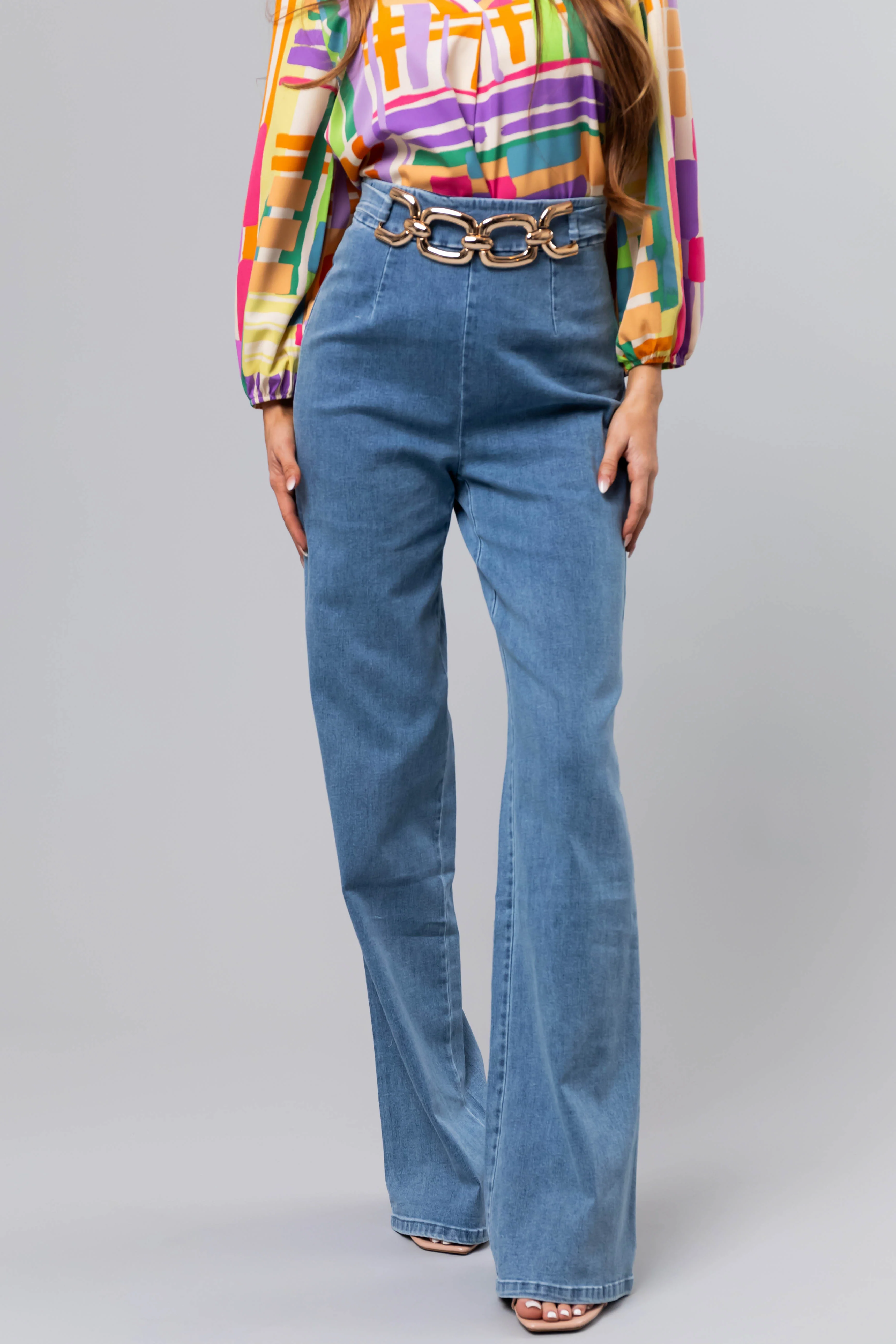 Light Wash Denim High Waisted Gold Belt Pants - LD SALE