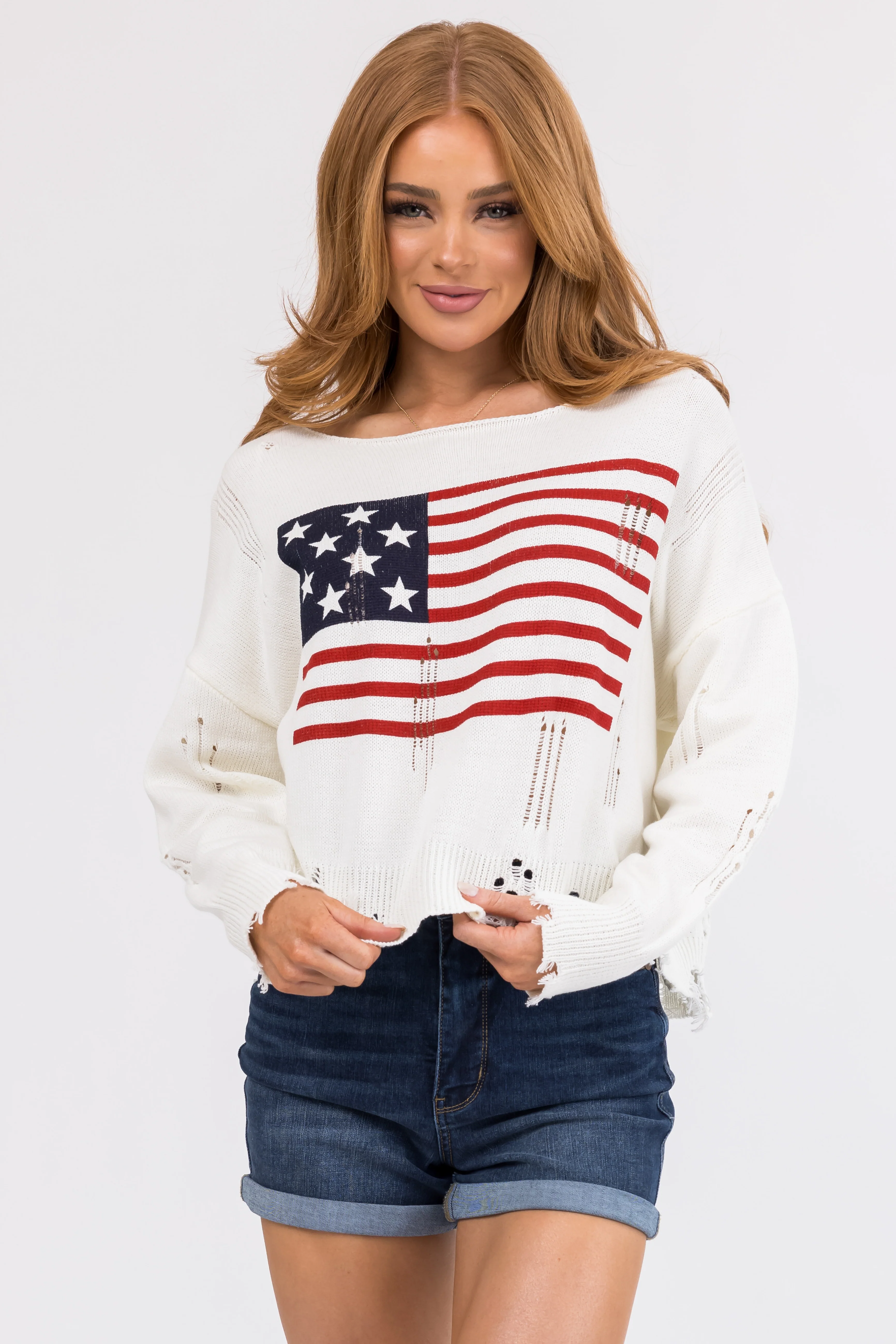 Cream Distressed American Flag Print Sweater - LD SALE