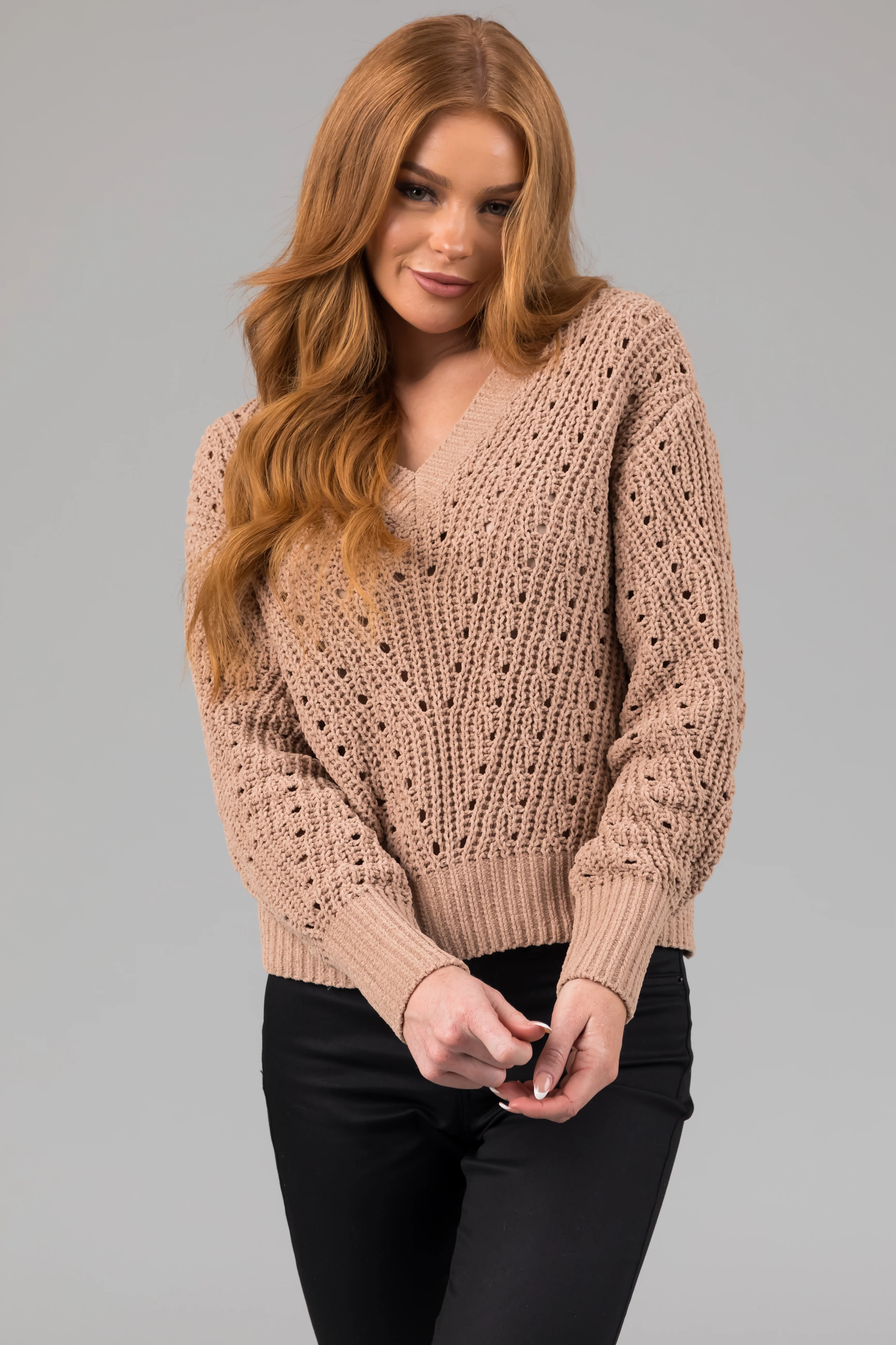 Latte Pointelle Cut Out Chenille Sweater - LD SALE