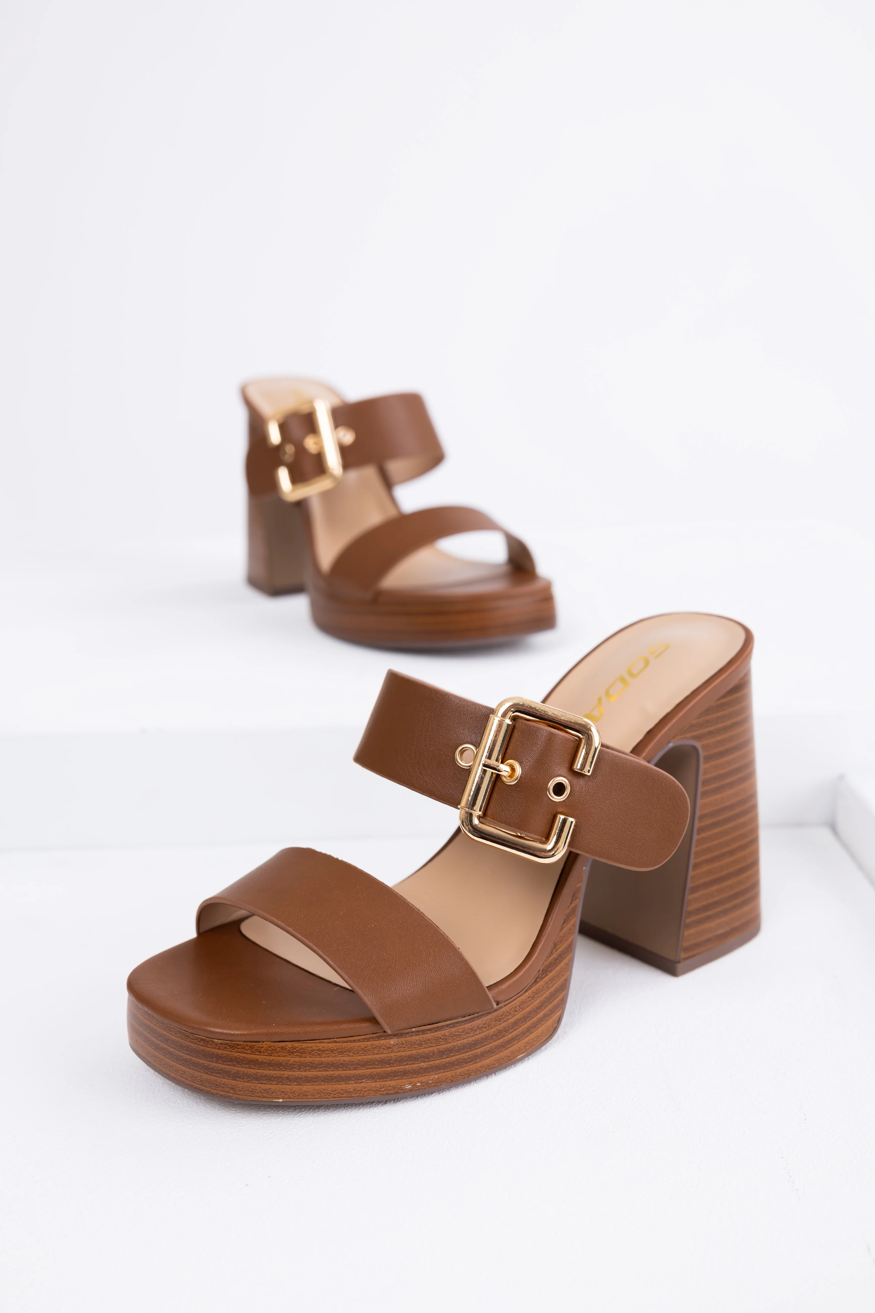 Sepia Buckle Strap Platform Chunky Heels - LD SALE