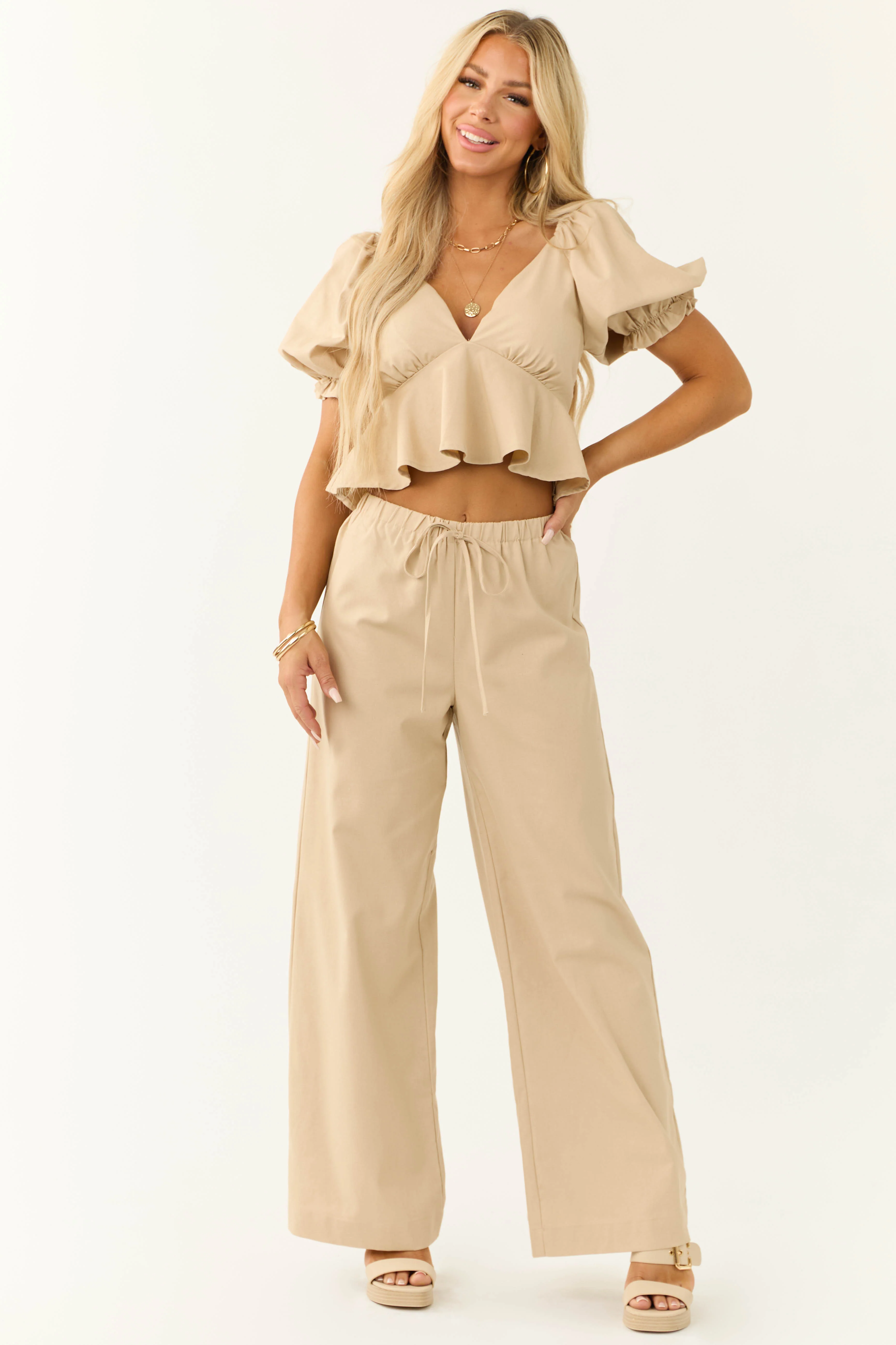 Beige Wide Leg High Waist Linen Pants - LD SALE