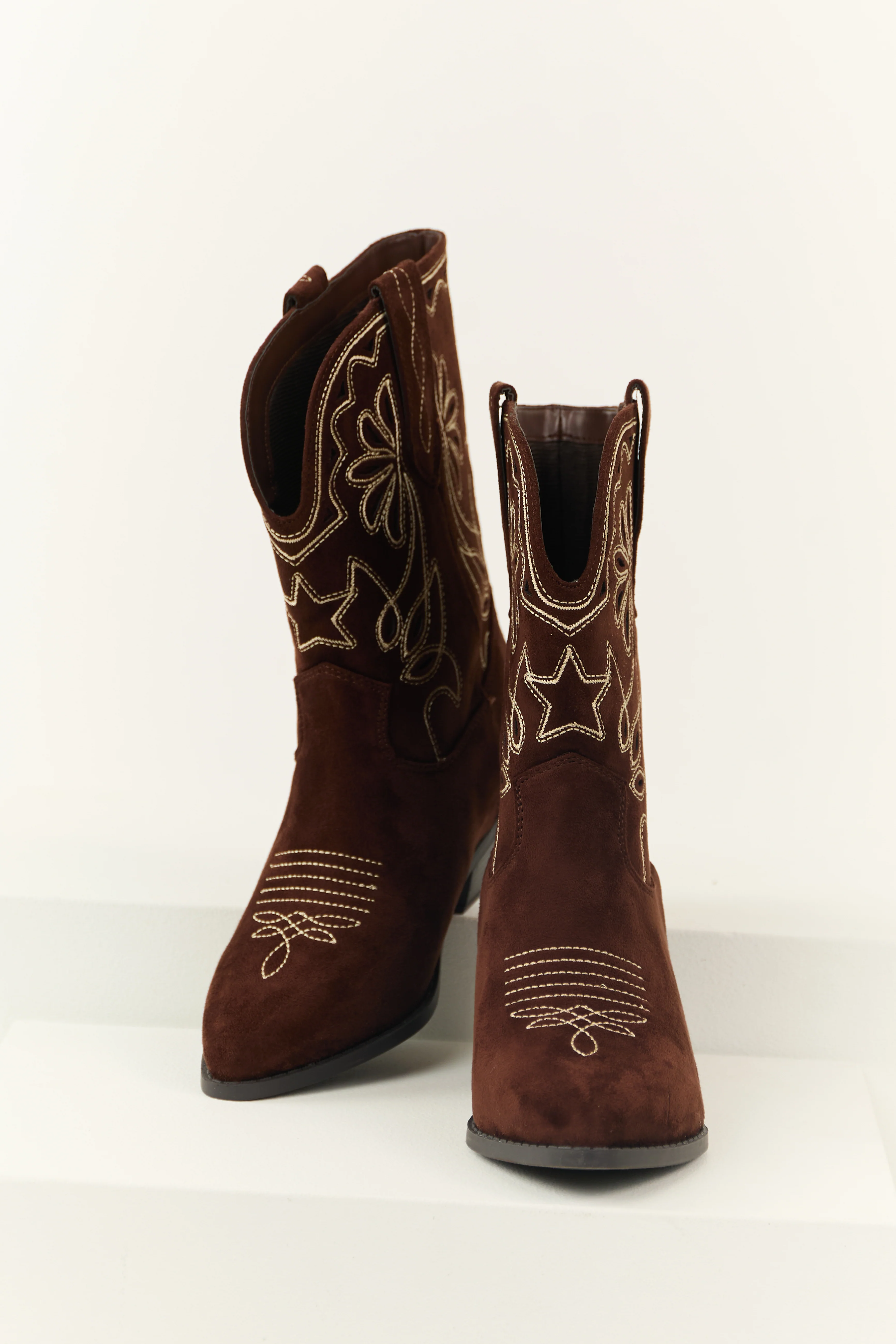 Chocolate Faux Suede Mid Calf Embroidered Boots - LD SALE