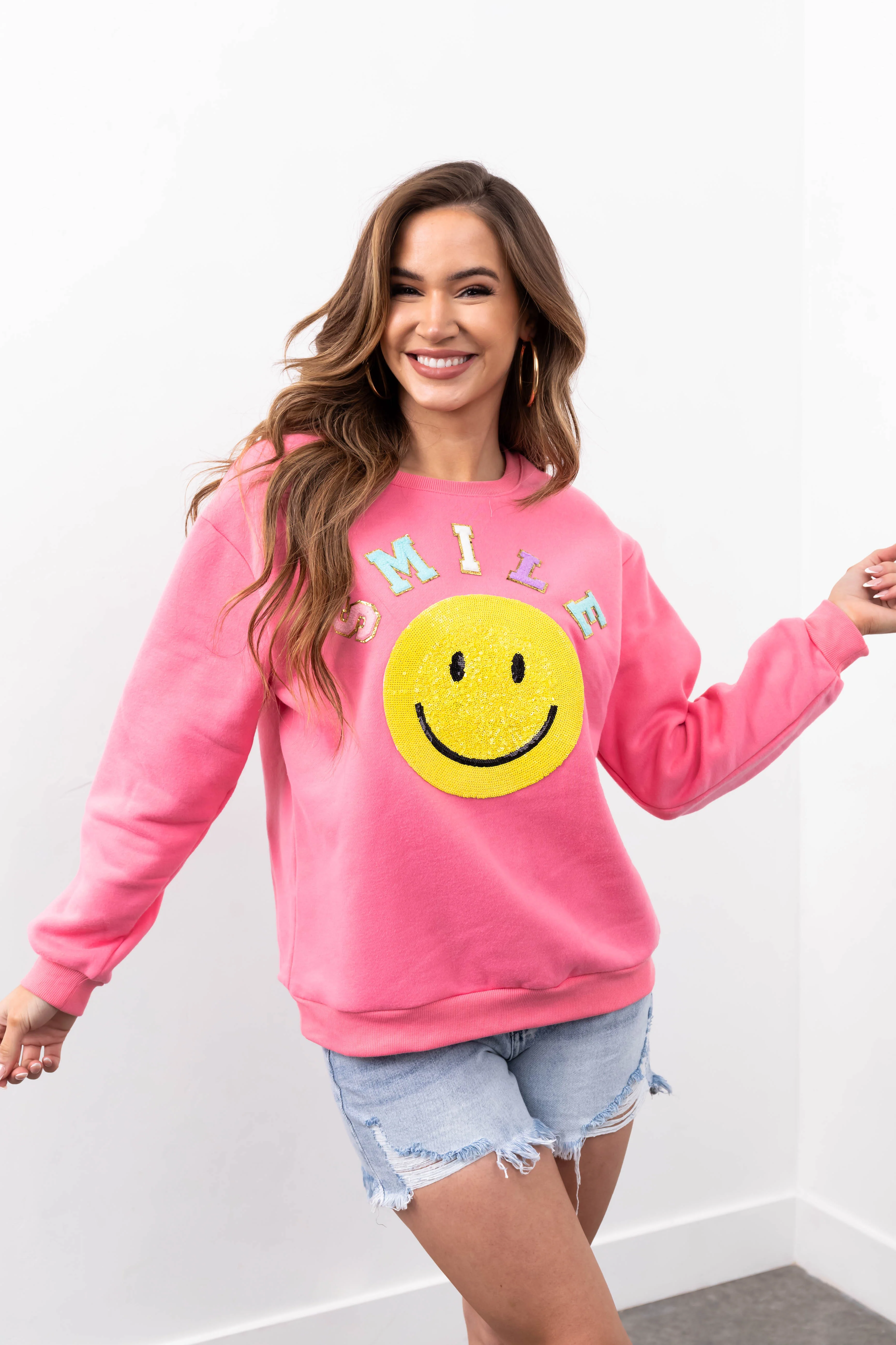 She+Sky Baby Pink 'Smile' Sequin Sweatshirt - LD SALE