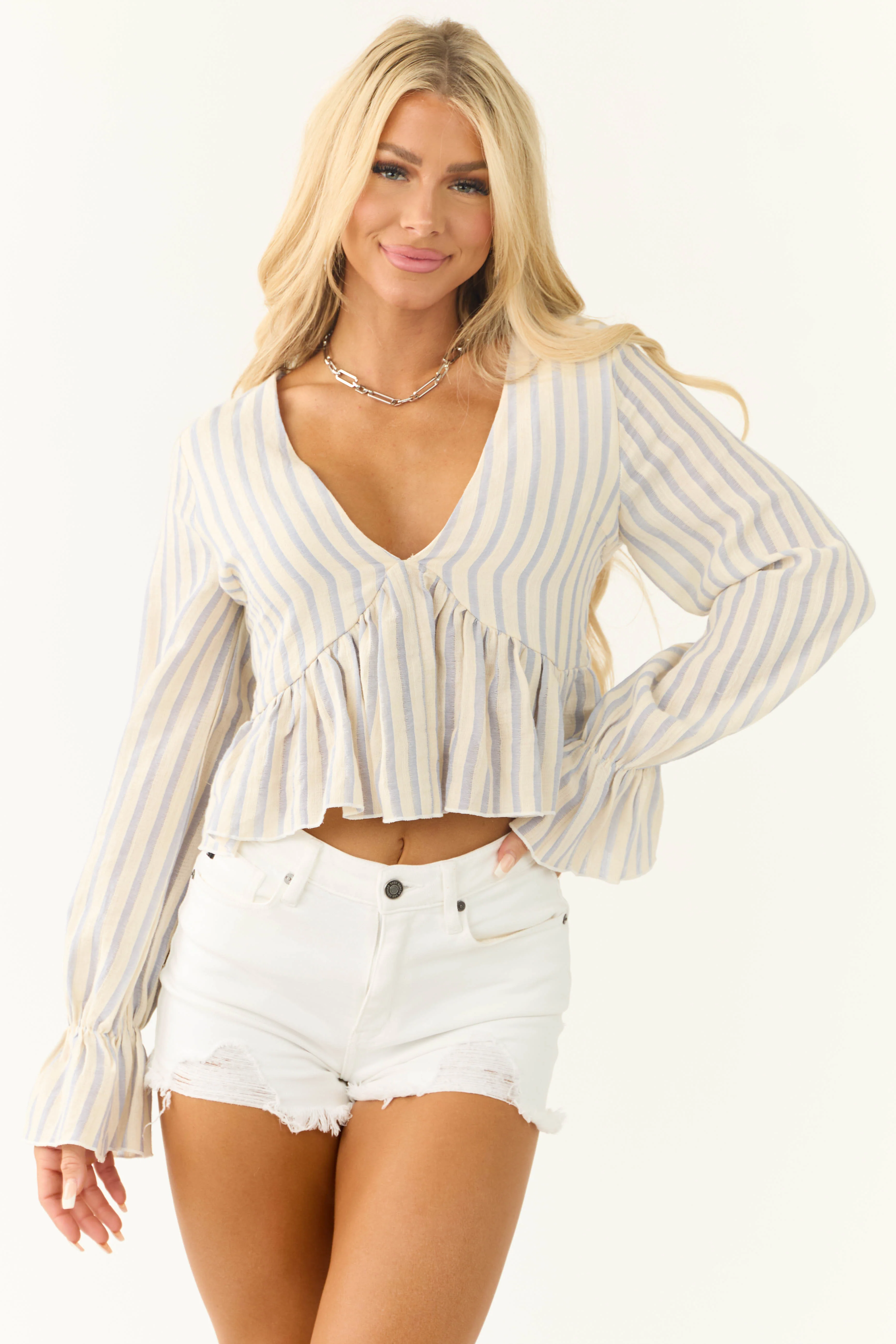 Cornflower and Cream Striped Long Sleeve Top - LD SALE