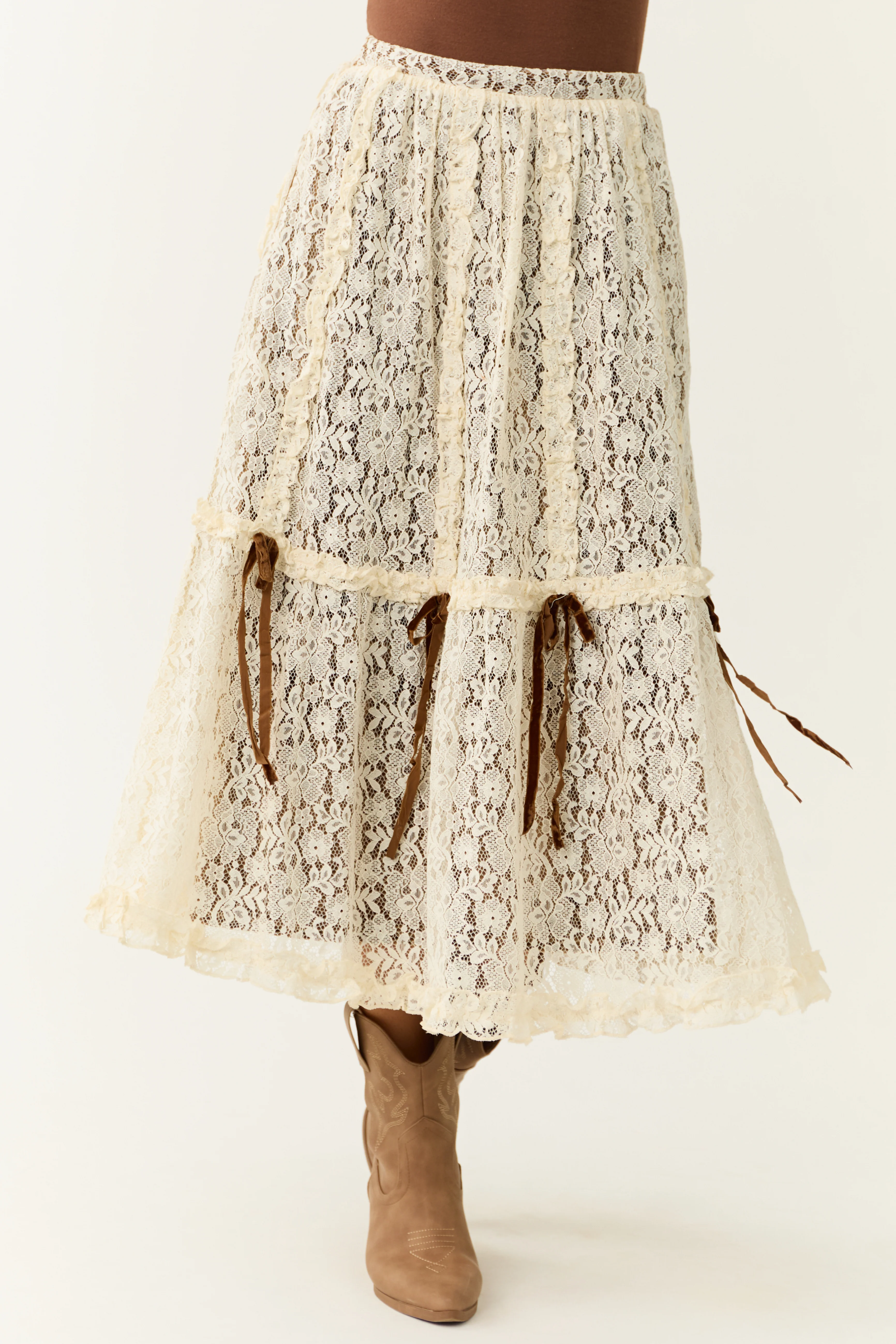 Cream Lace & Cocoa Velvet Tiered Midi Skirt with Bow Detail - LD SALE