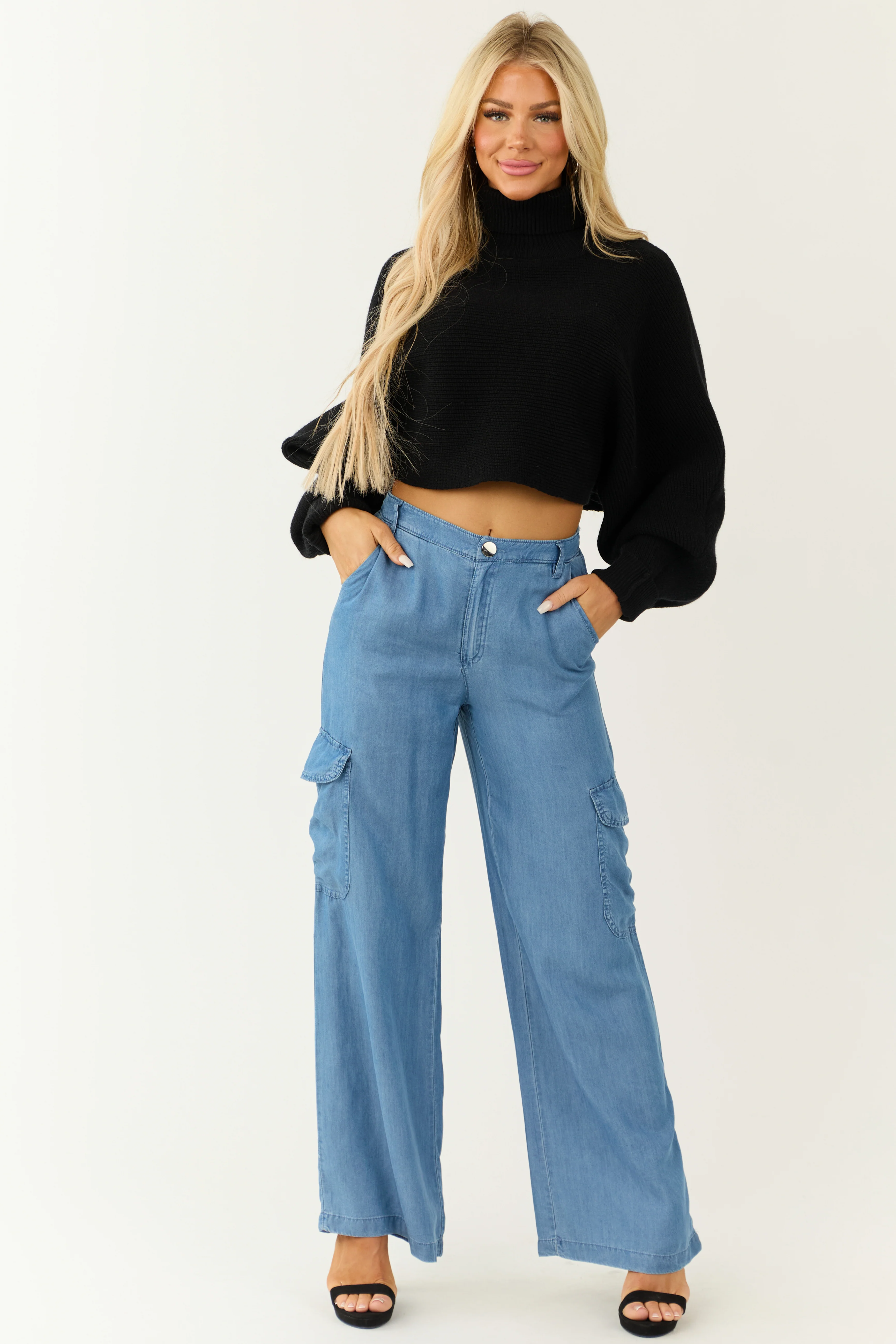 Medium Wash Wide Leg Cargo Lightweight Pants - LD SALE