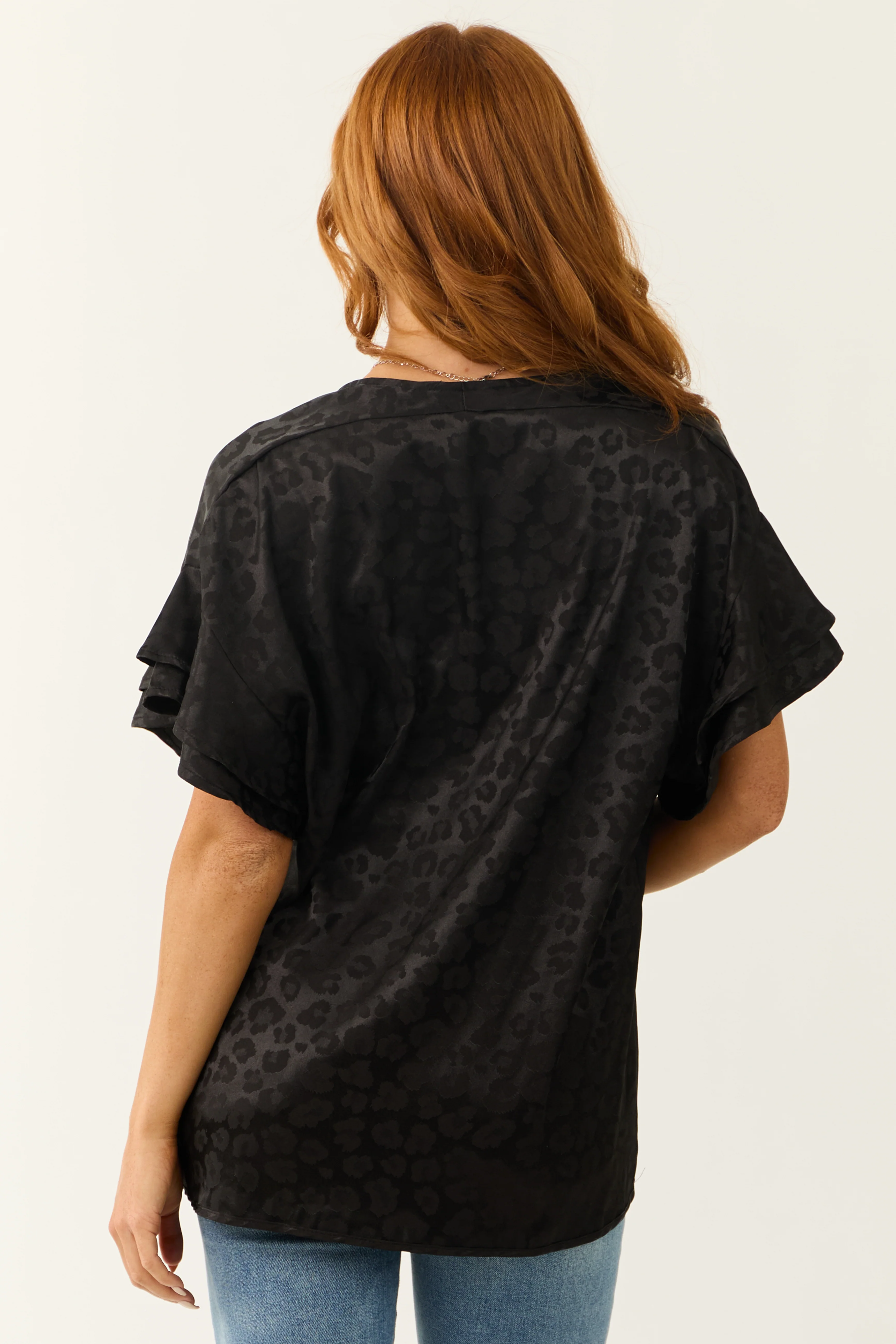 Black Animal Print Short Ruffle Sleeve Top - LD SALE