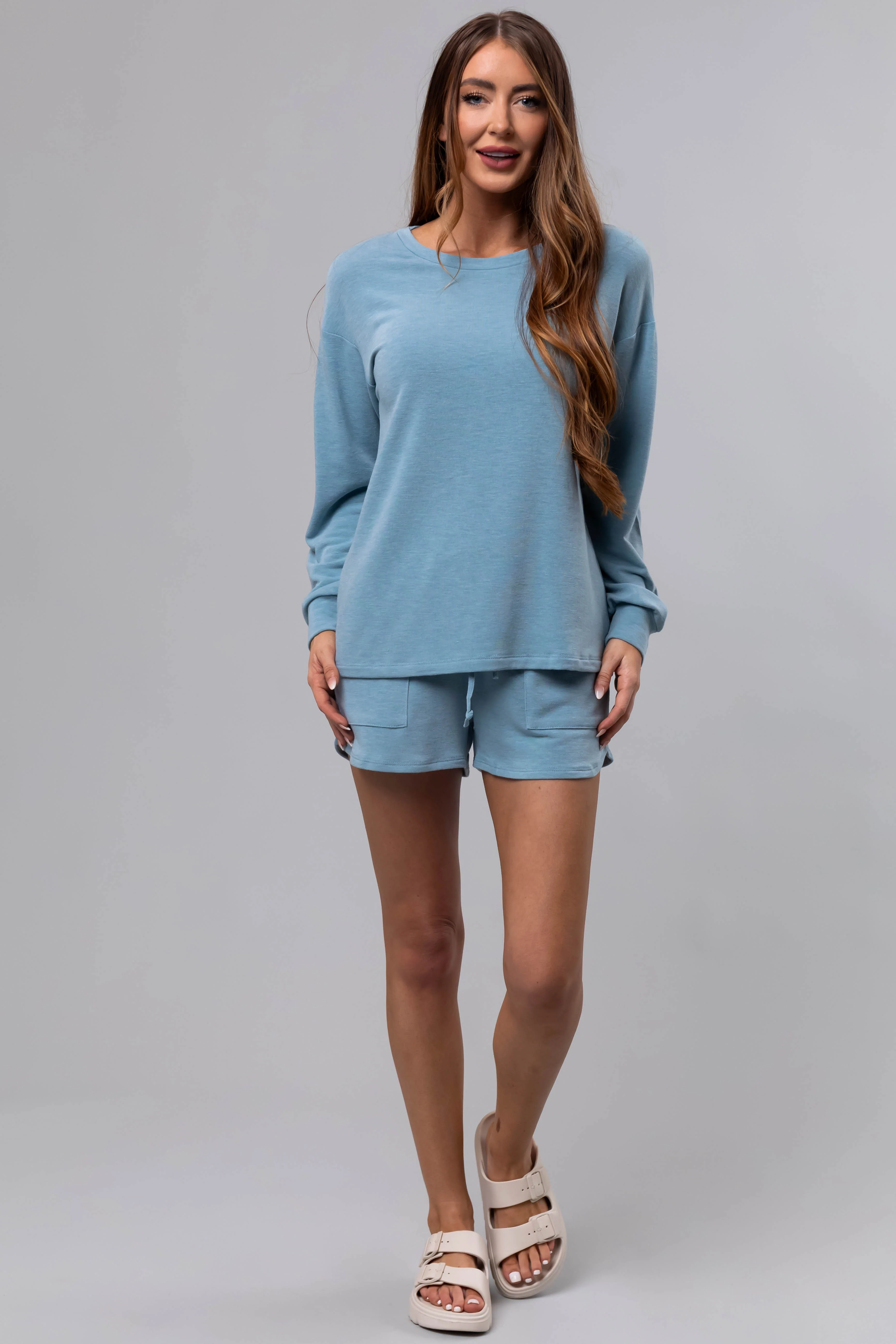 Heathered Blue Soft Knit Elastic Shorts - LD SALE