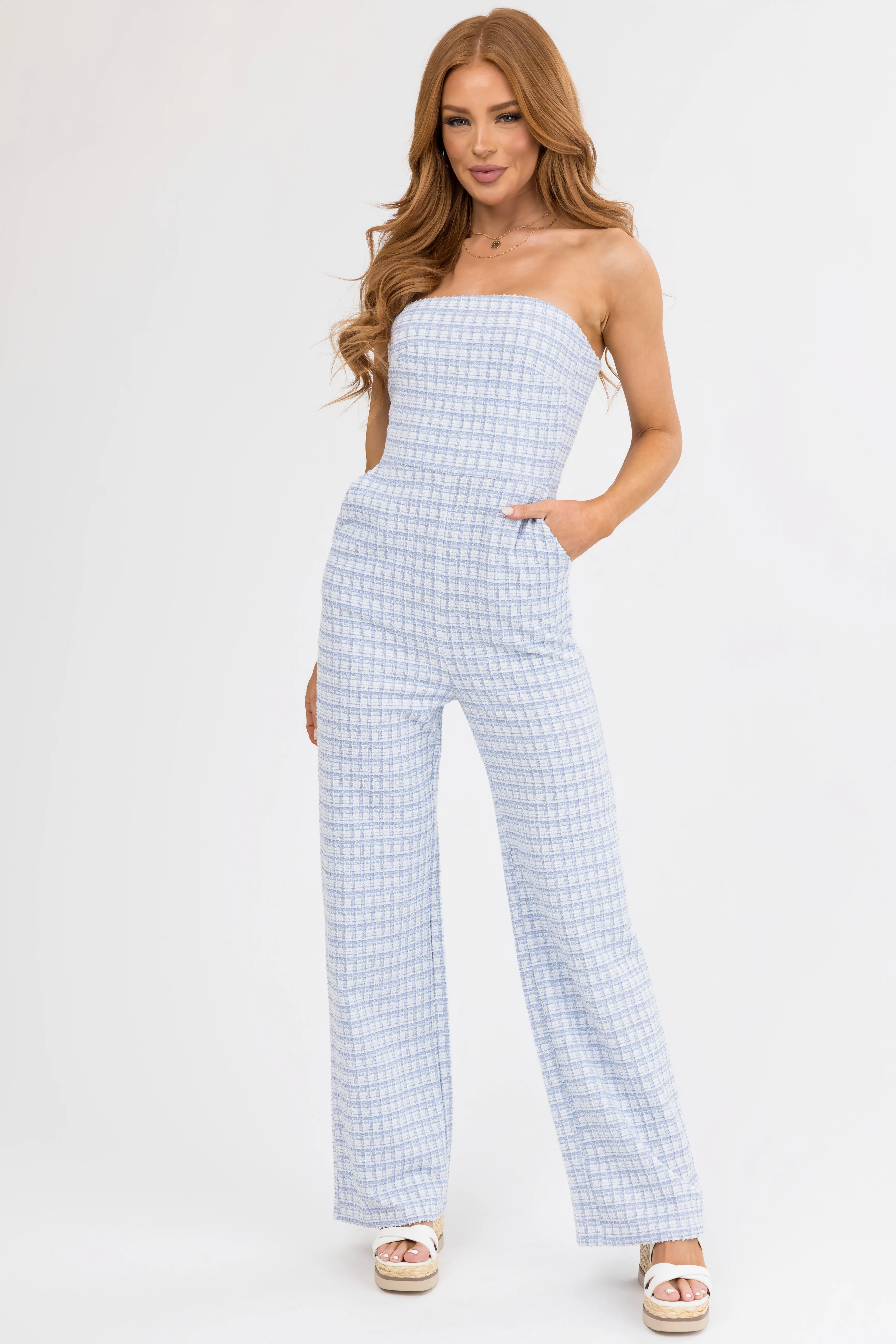 Sky Blue and White Tweed Plaid Strapless Jumpsuit - LD SALE