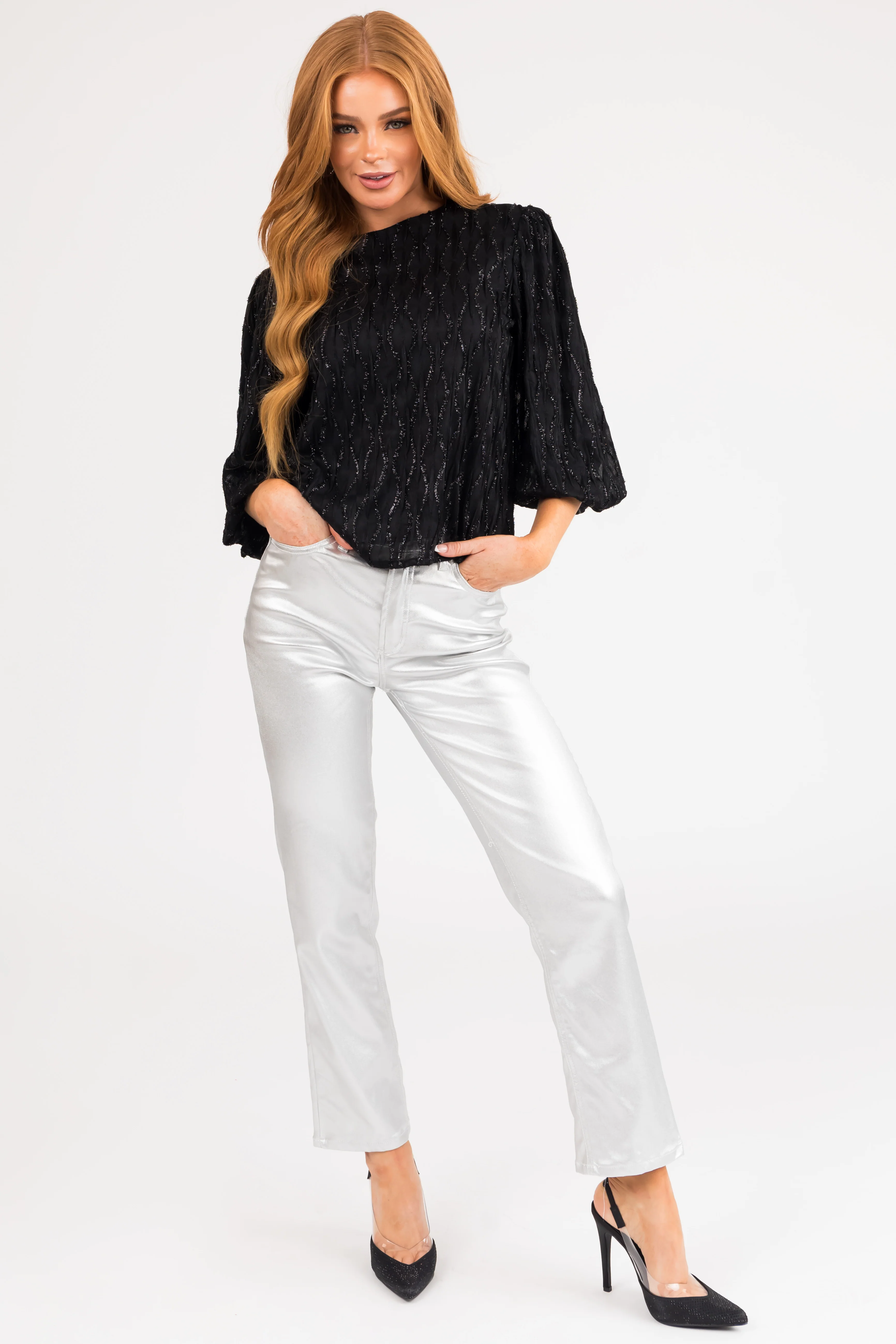 Silver Shiny Pleather High Rise Straight Leg Pants - LD SALE