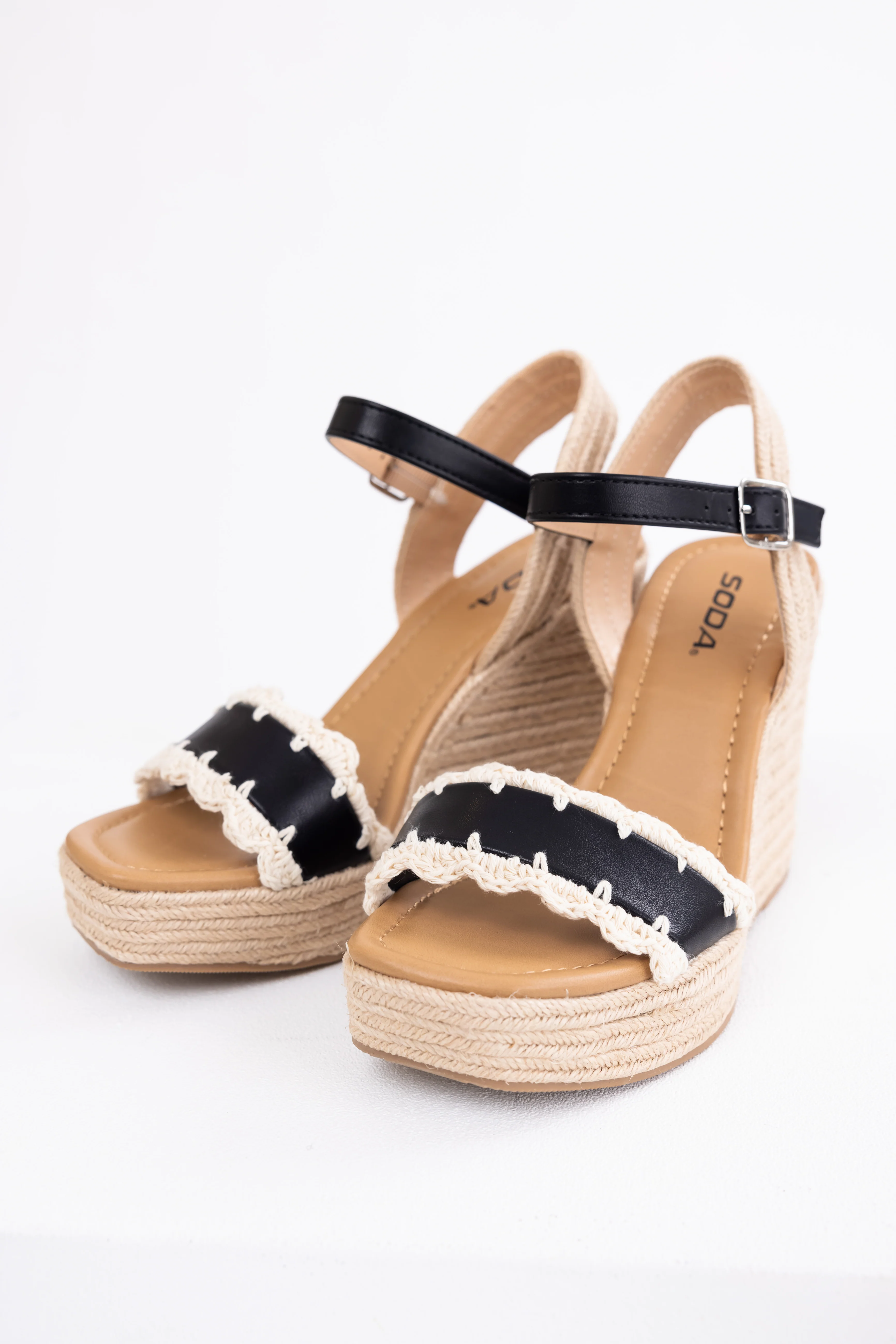 Black Crochet Trim Strap Espadrille Wedges - LD SALE