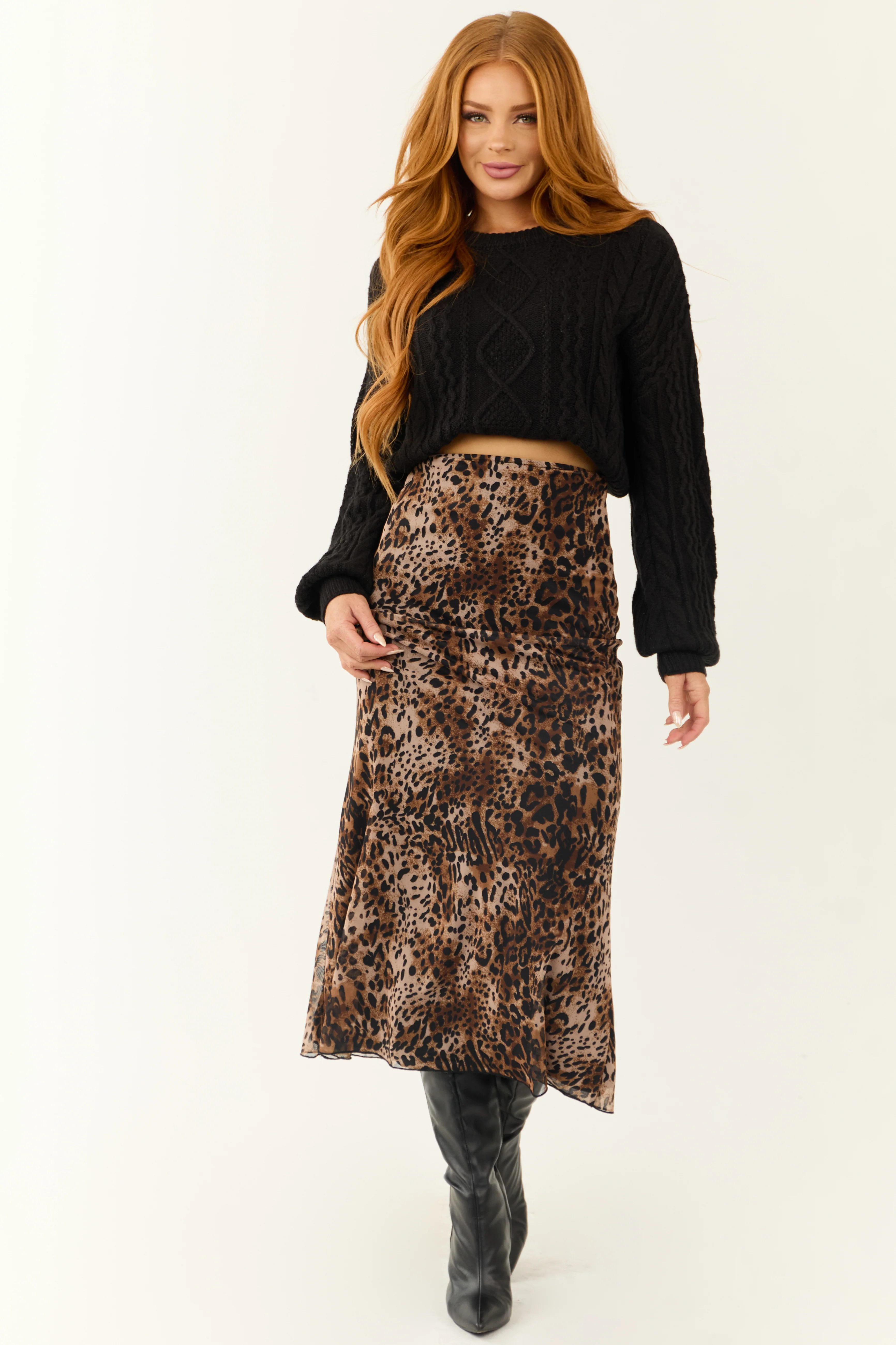Camel and Black Leopard Print Midi Skirt - LD SALE