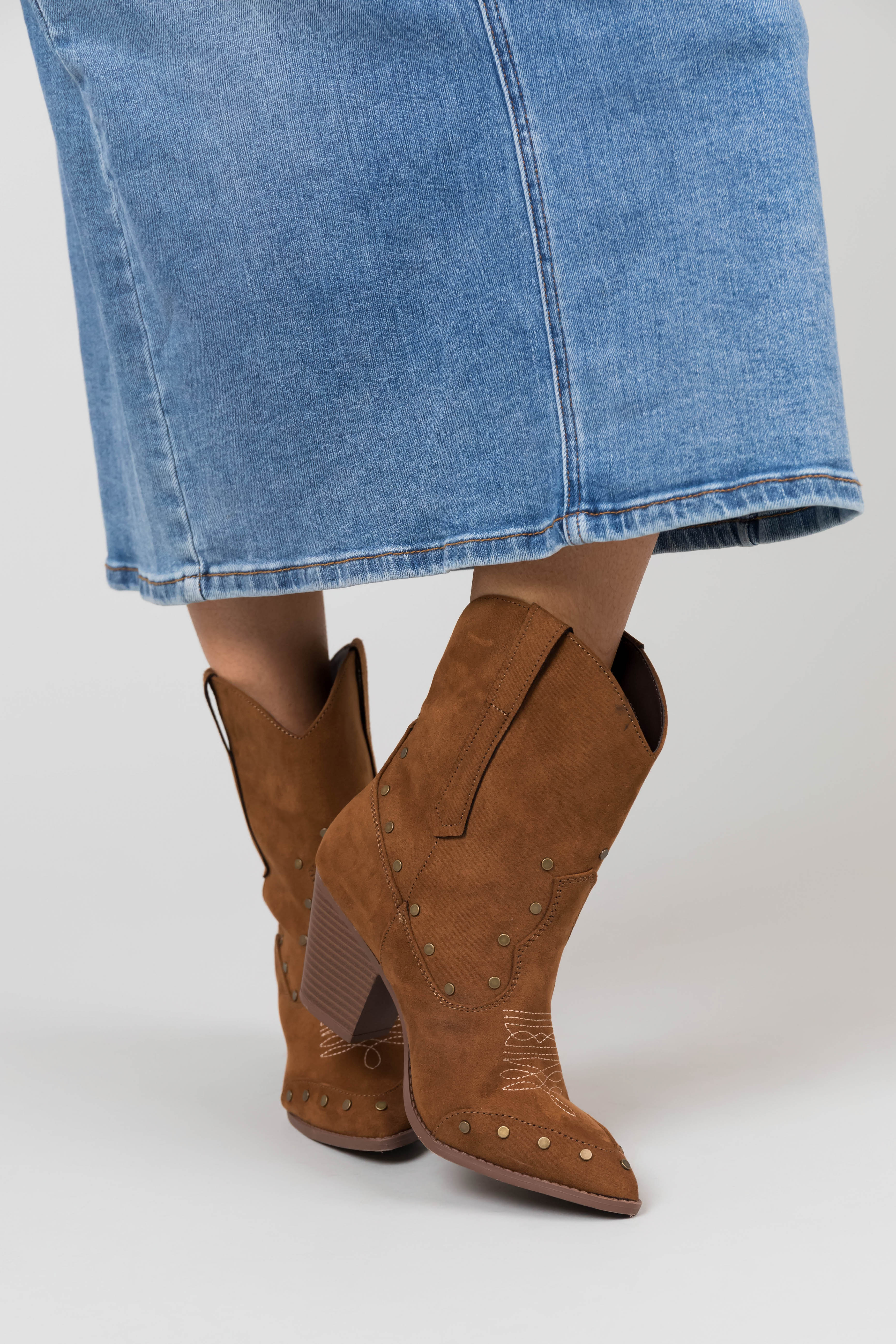 Sepia Pointed Toe Studded Western Calf Boots - LD SALE